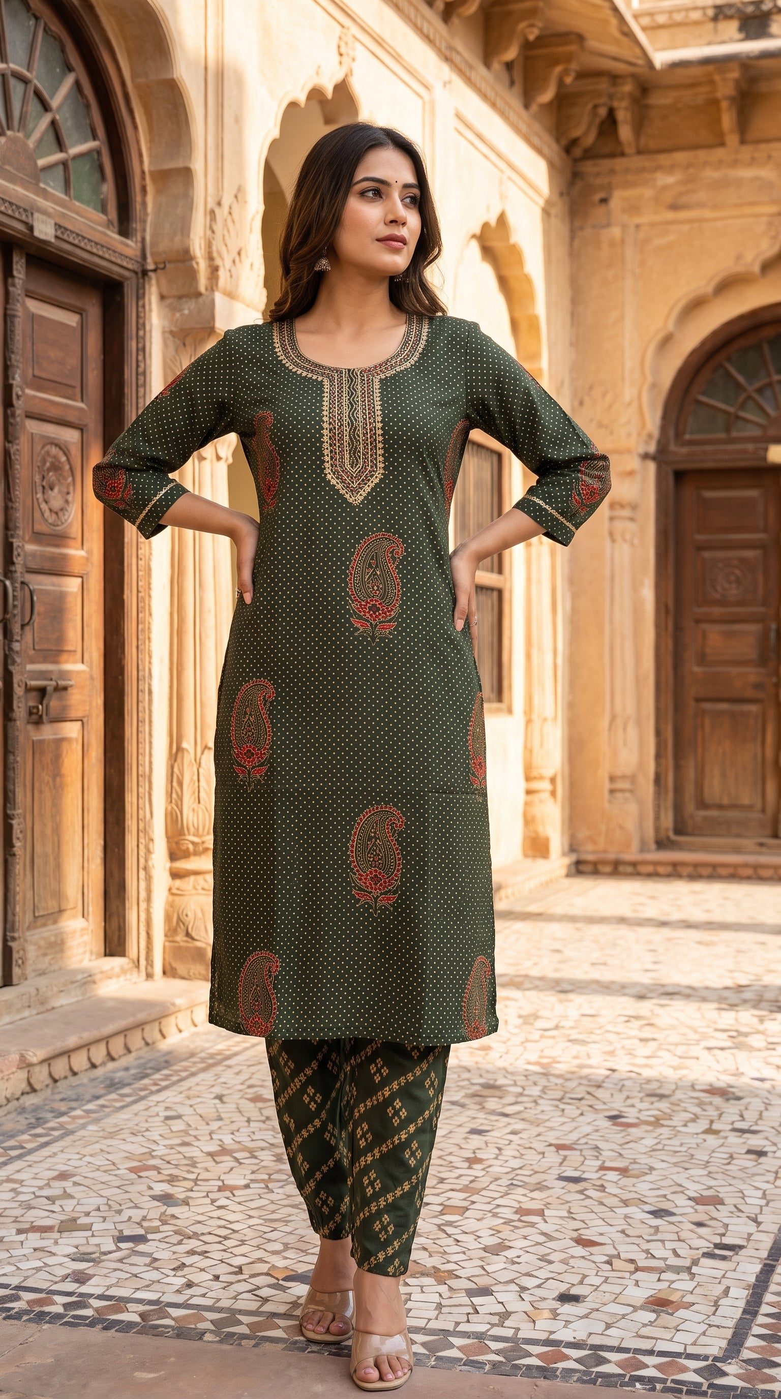 Paneri Embroidery Olive Green Heritage Printed Kurta Set with Dupatta
