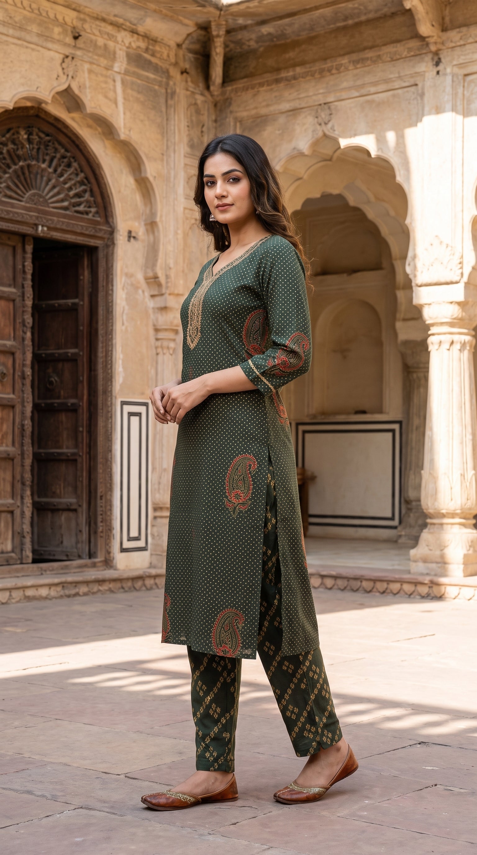 Paneri Embroidery Olive Green Heritage Printed Kurta Set with Dupatta