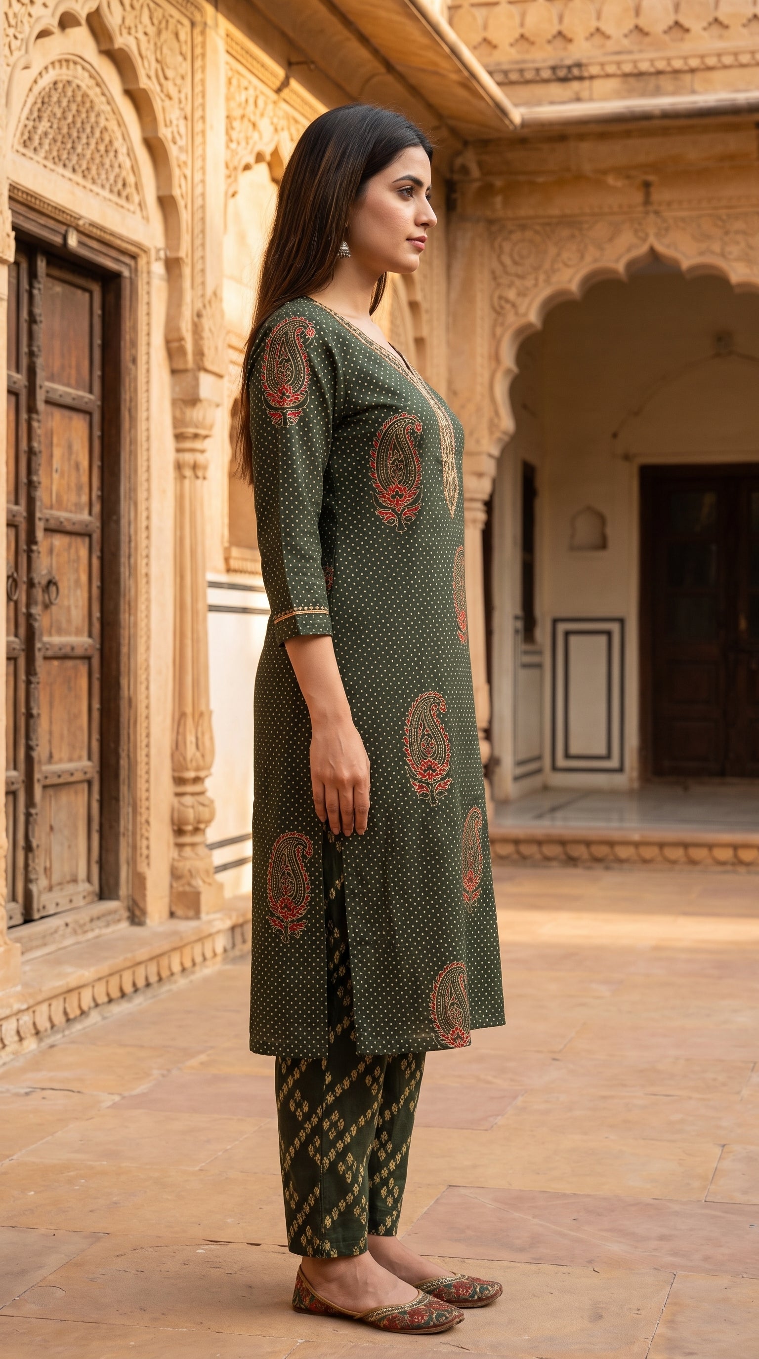Paneri Embroidery Olive Green Heritage Printed Kurta Set with Dupatta