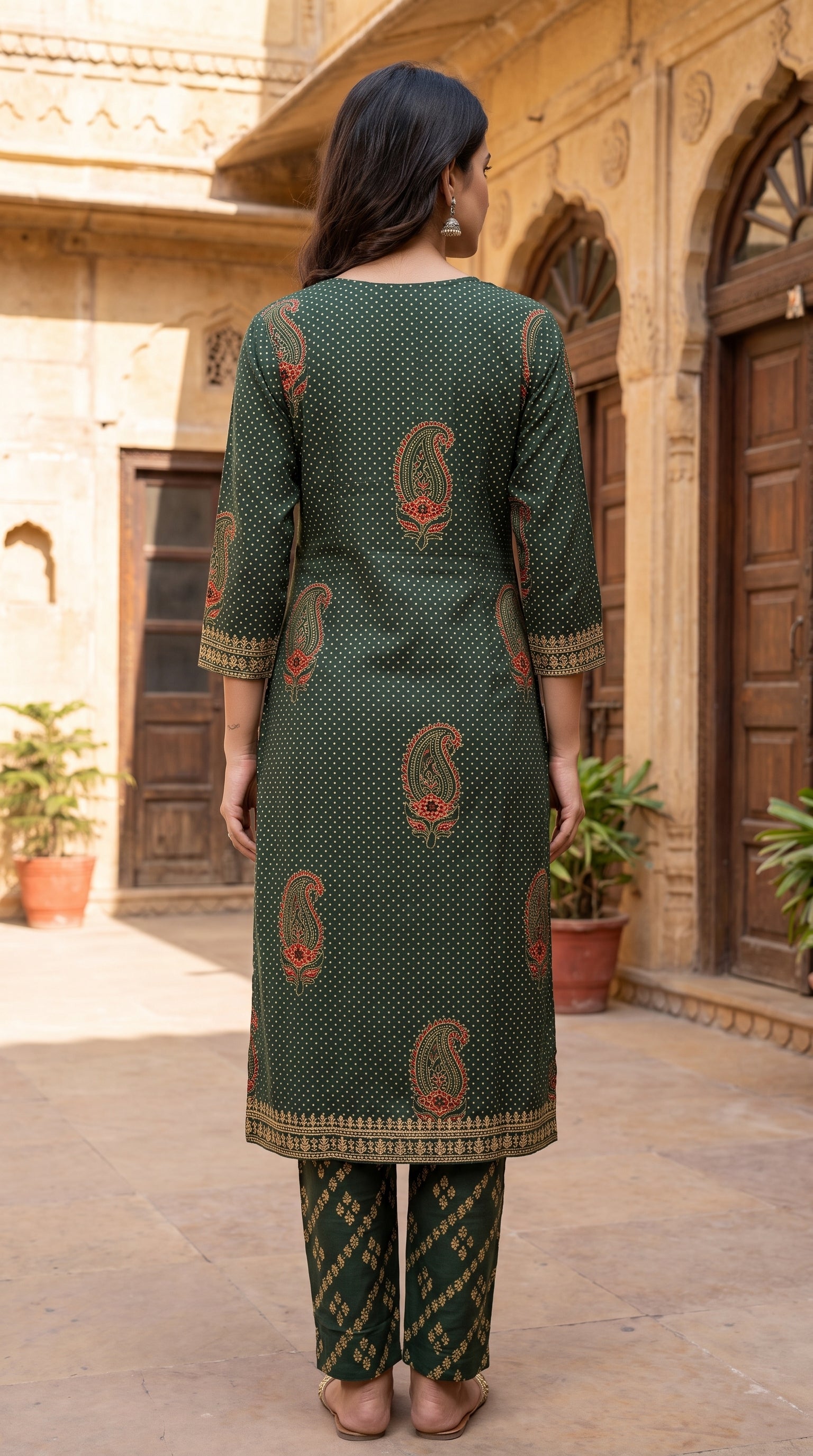Paneri Embroidery Olive Green Heritage Printed Kurta Set with Dupatta