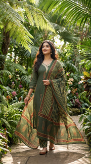 Paneri Embroidery Olive Green Heritage Printed Kurta Set with Dupatta