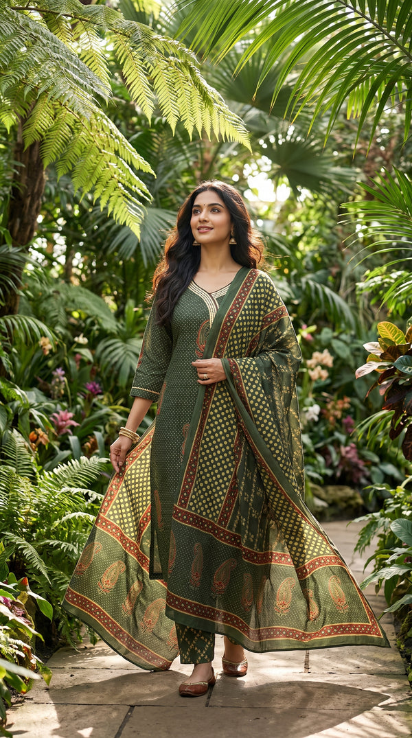 Paneri Embroidery Olive Green Heritage Printed Kurta Set with Dupatta