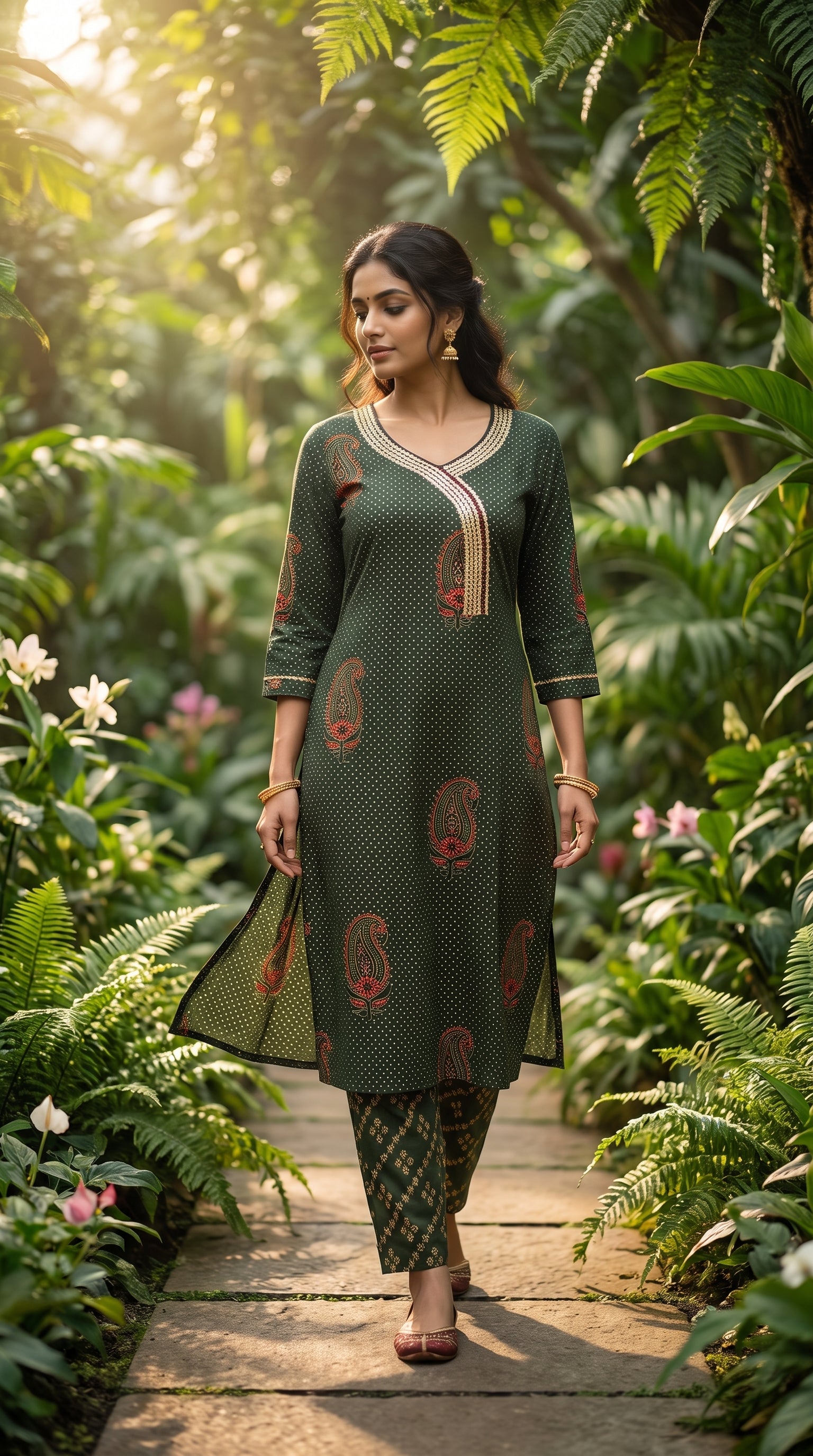 Paneri Embroidery Olive Green Heritage Printed Kurta Set with Dupatta