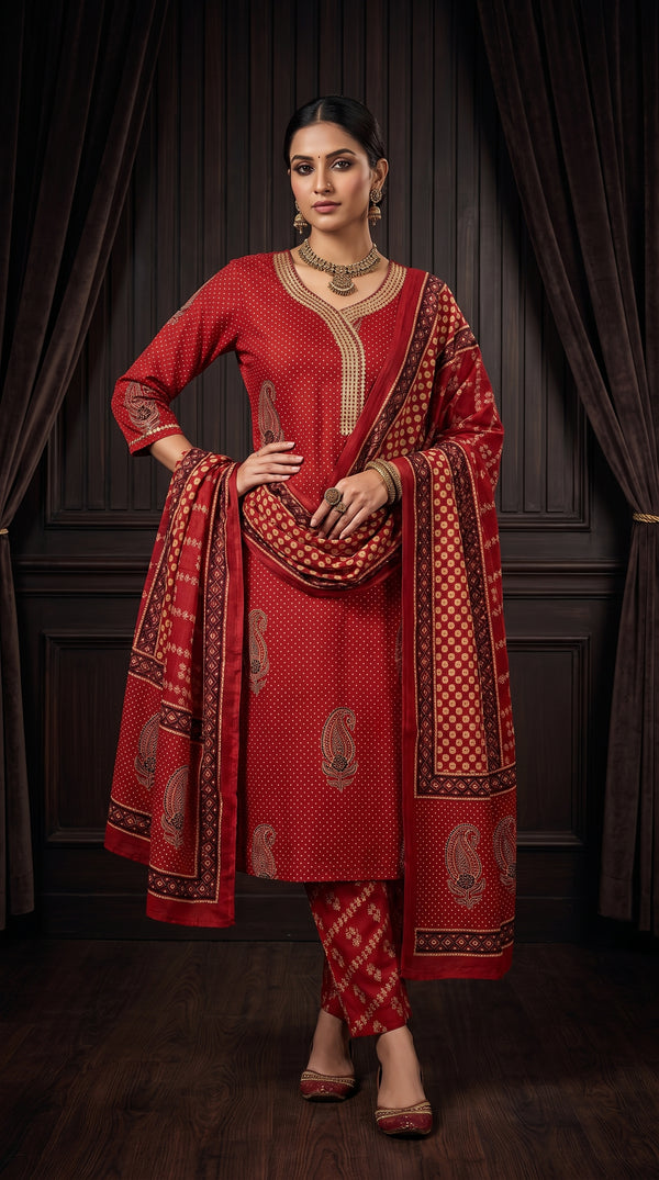 Paneri Embroidery Ruby Red Heritage Printed Kurta Set with Dupatta