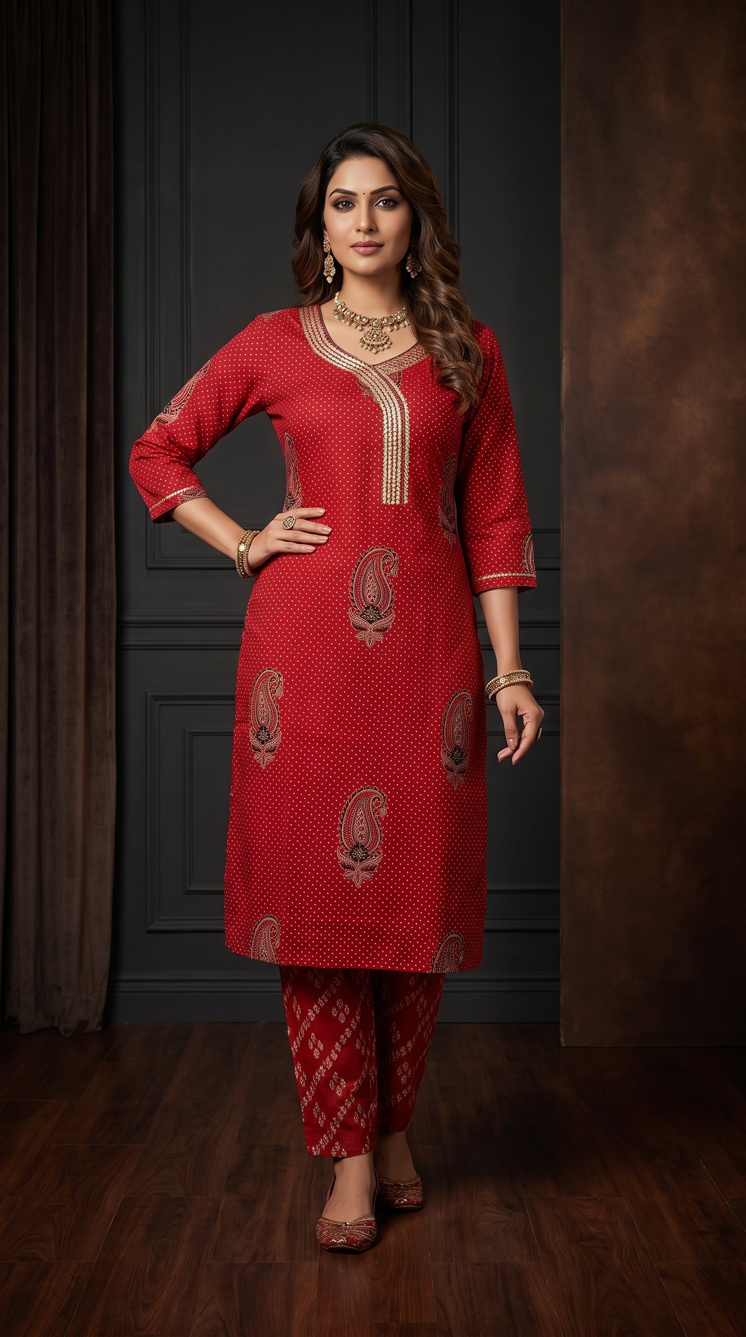 Paneri Embroidery Ruby Red Heritage Printed Kurta Set with Dupatta