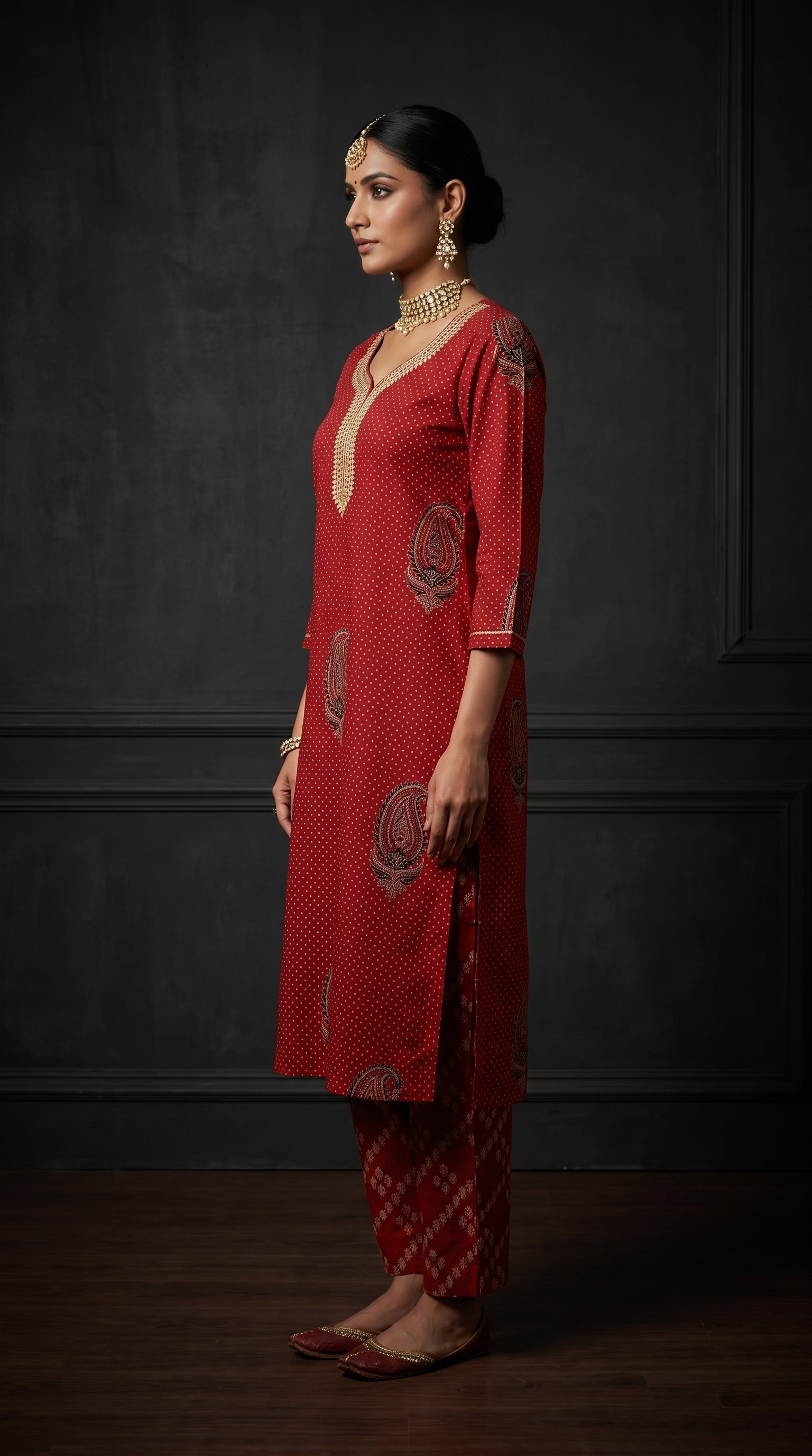 Paneri Embroidery Ruby Red Heritage Printed Kurta Set with Dupatta