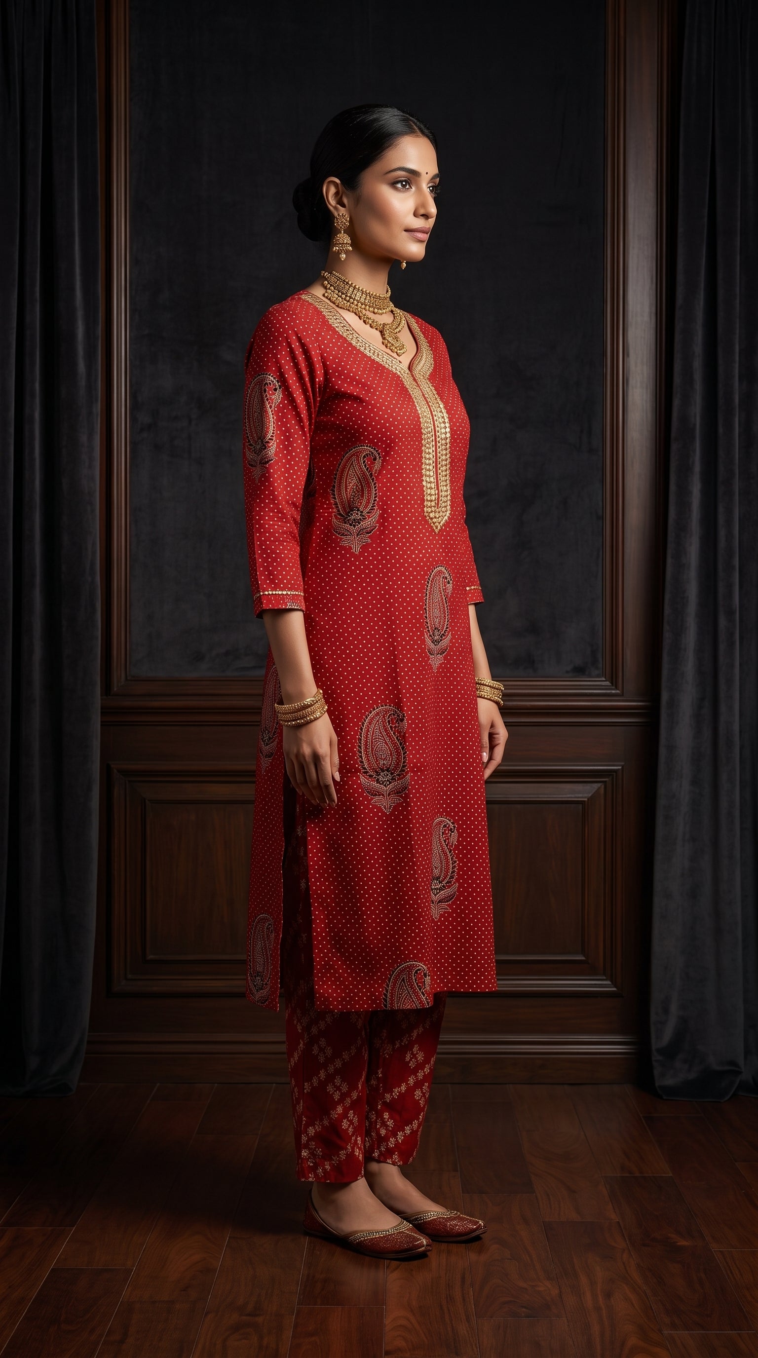 Paneri Embroidery Ruby Red Heritage Printed Kurta Set with Dupatta