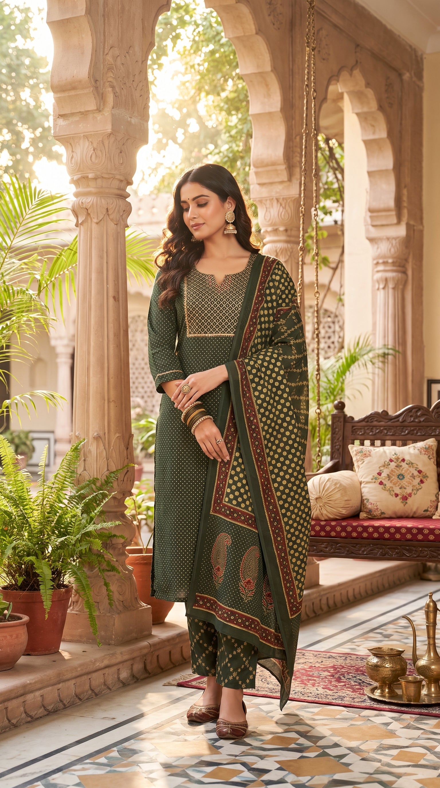 Paneri Embroidery Heritage Olive Green Embroidered Kurta Set