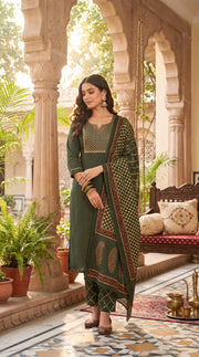 Paneri Embroidery Heritage Olive Green Embroidered Kurta Set