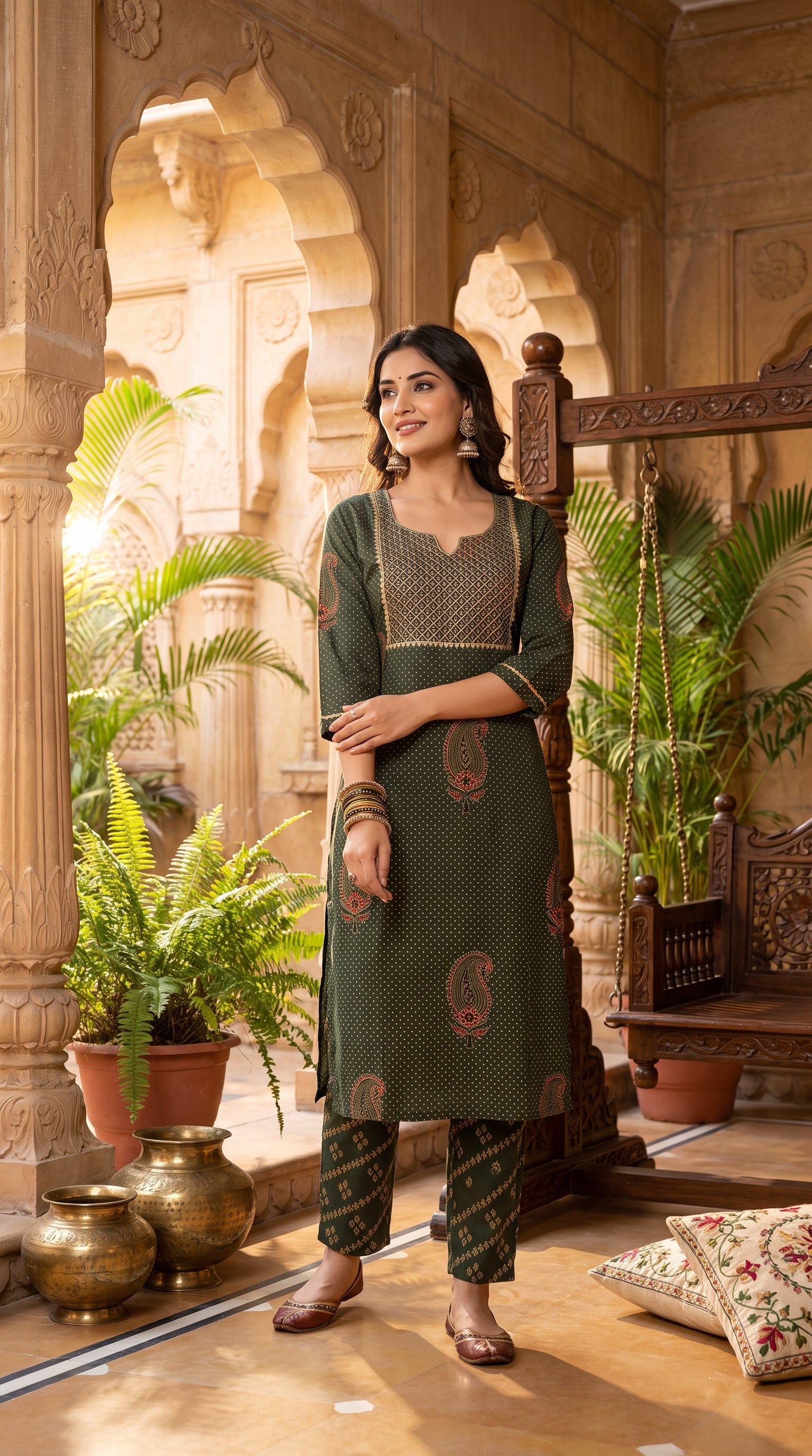 Paneri Embroidery Heritage Olive Green Embroidered Kurta Set