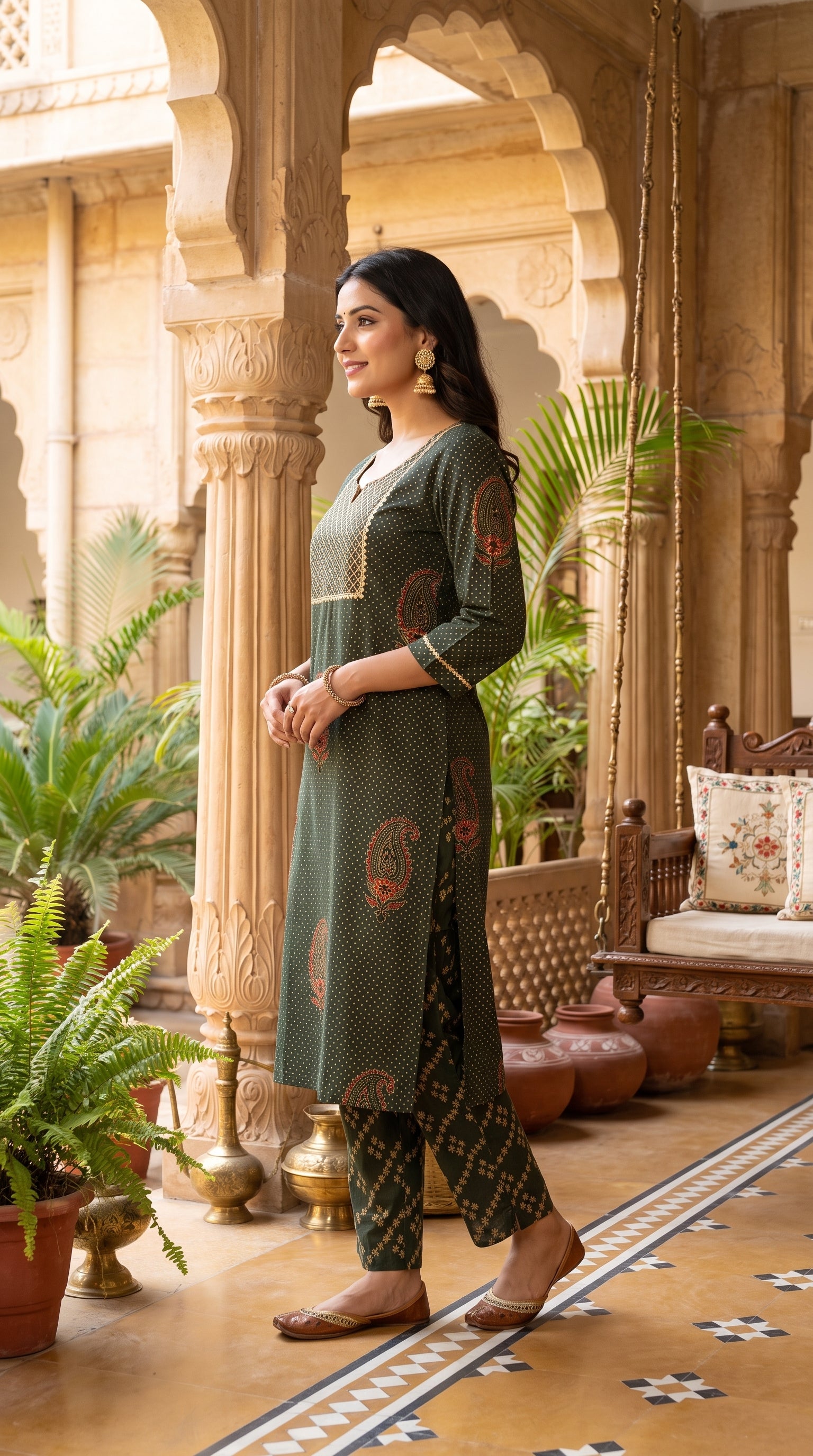 Paneri Embroidery Heritage Olive Green Embroidered Kurta Set
