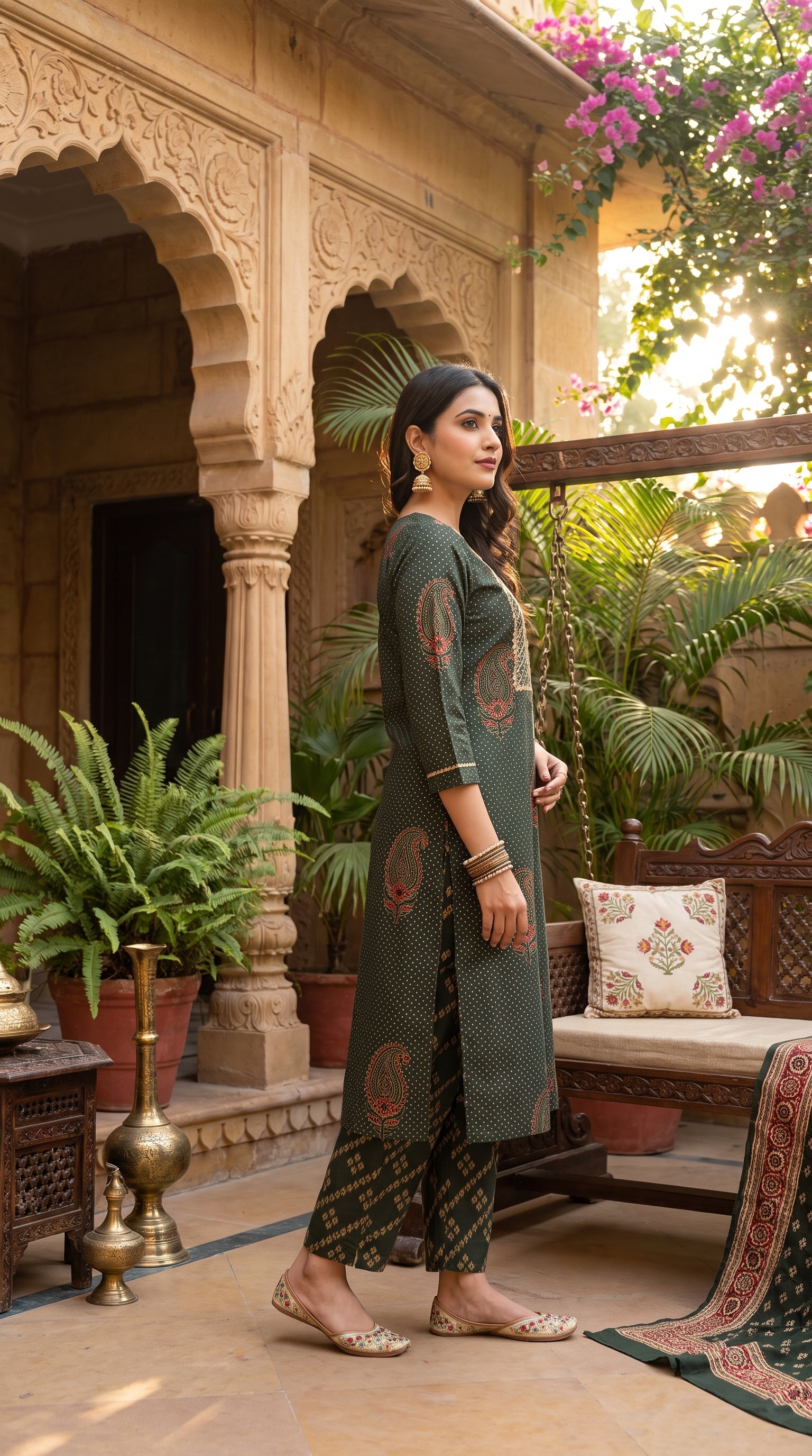Paneri Embroidery Heritage Olive Green Embroidered Kurta Set