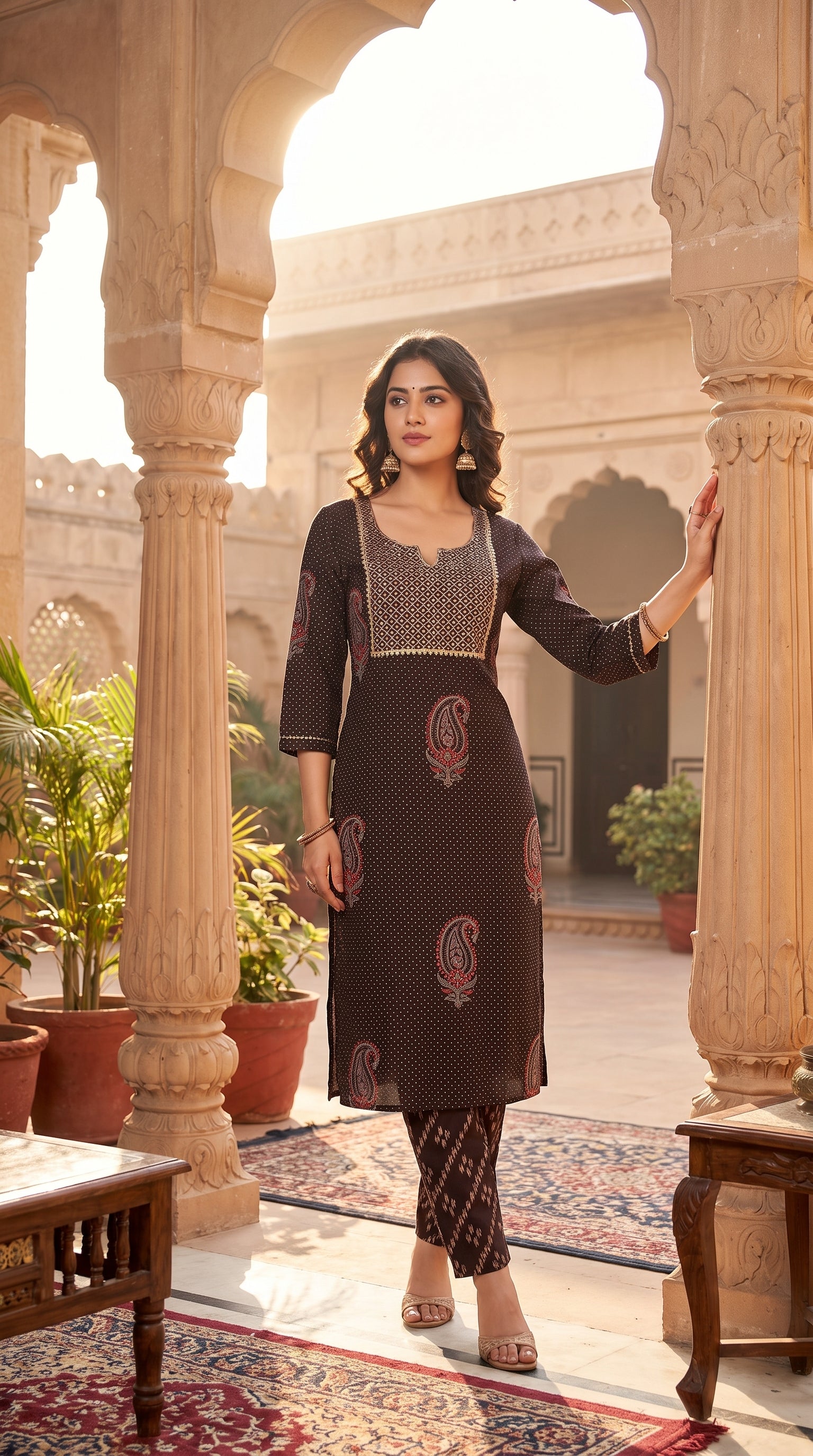 Paneri Embroidery Royal Paisley Embroidered Straight Kurti Set
