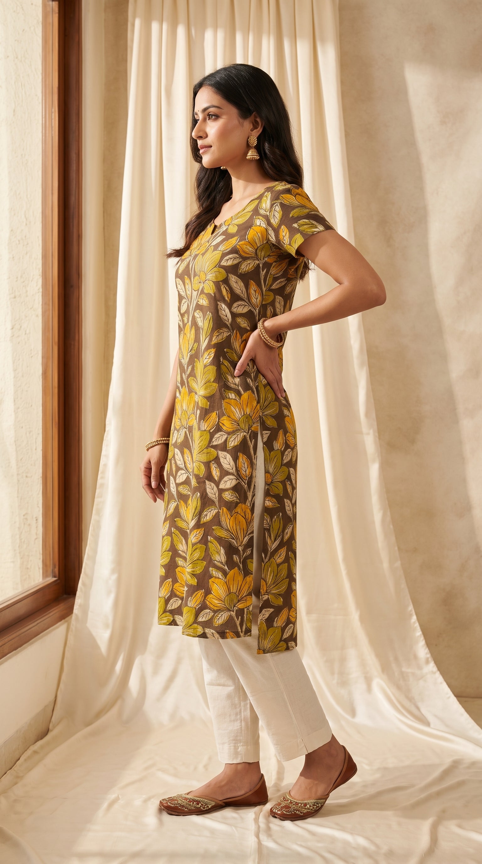 Paneri Embroidery Mustard Bloom Floral Short Kurti