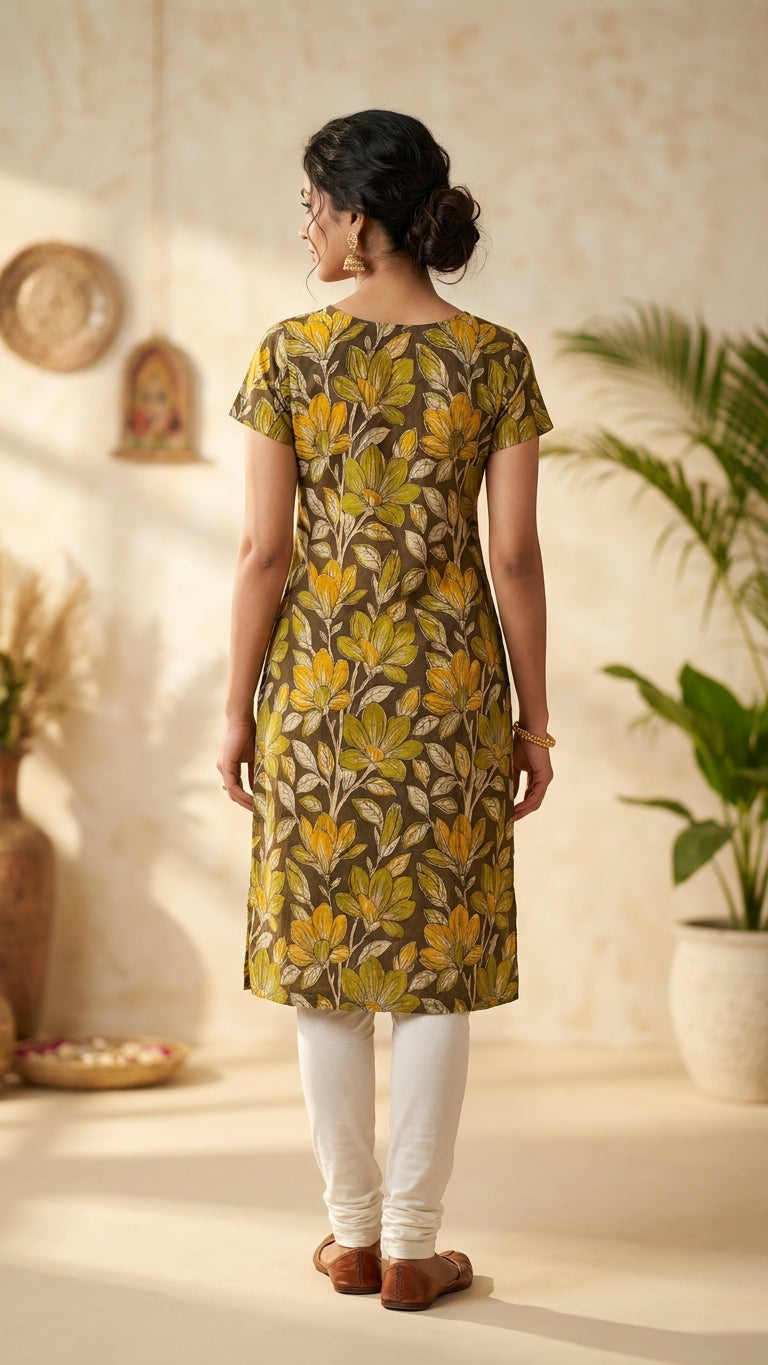 Paneri Embroidery Mustard Bloom Floral Short Kurti