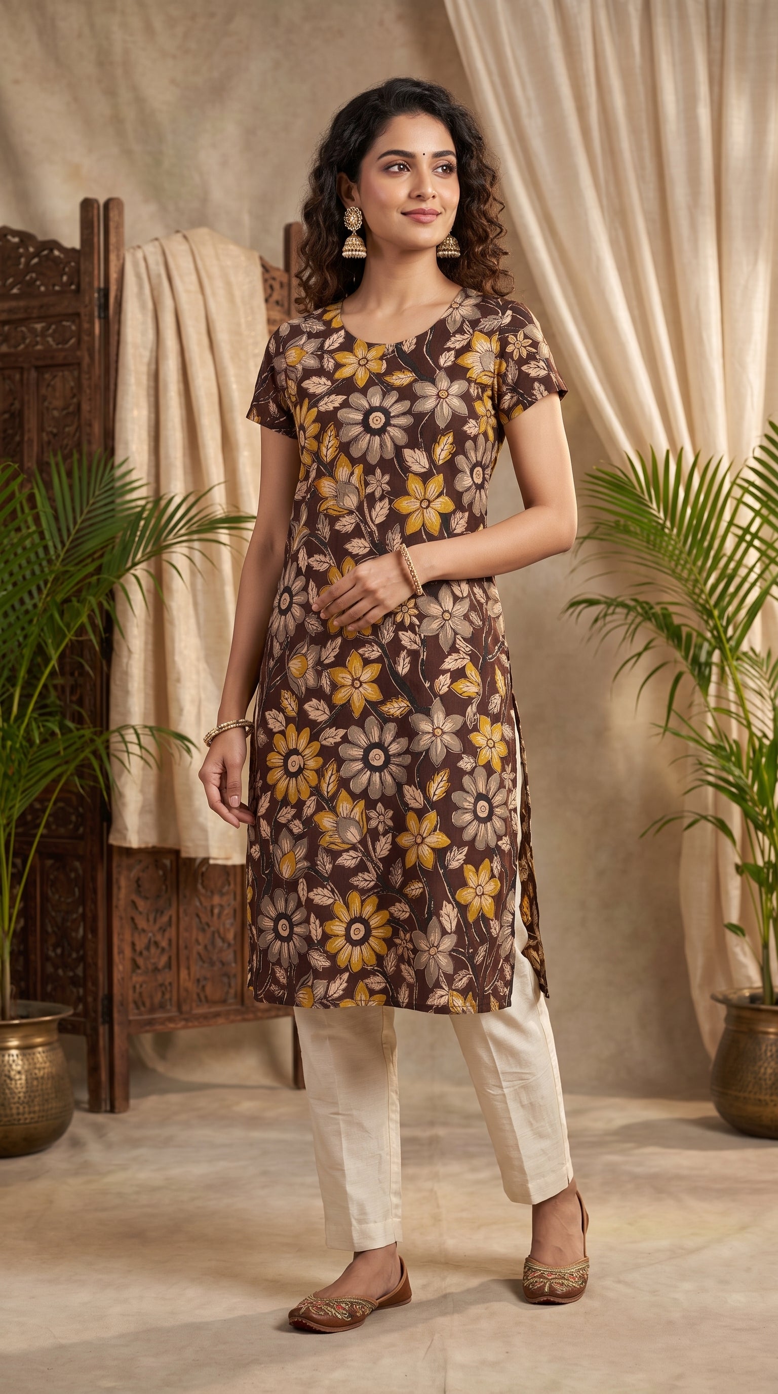 Paneri Embroidery Cocoa Bloom Floral Straight Kurti