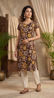 Paneri Embroidery Cocoa Bloom Floral Straight Kurti