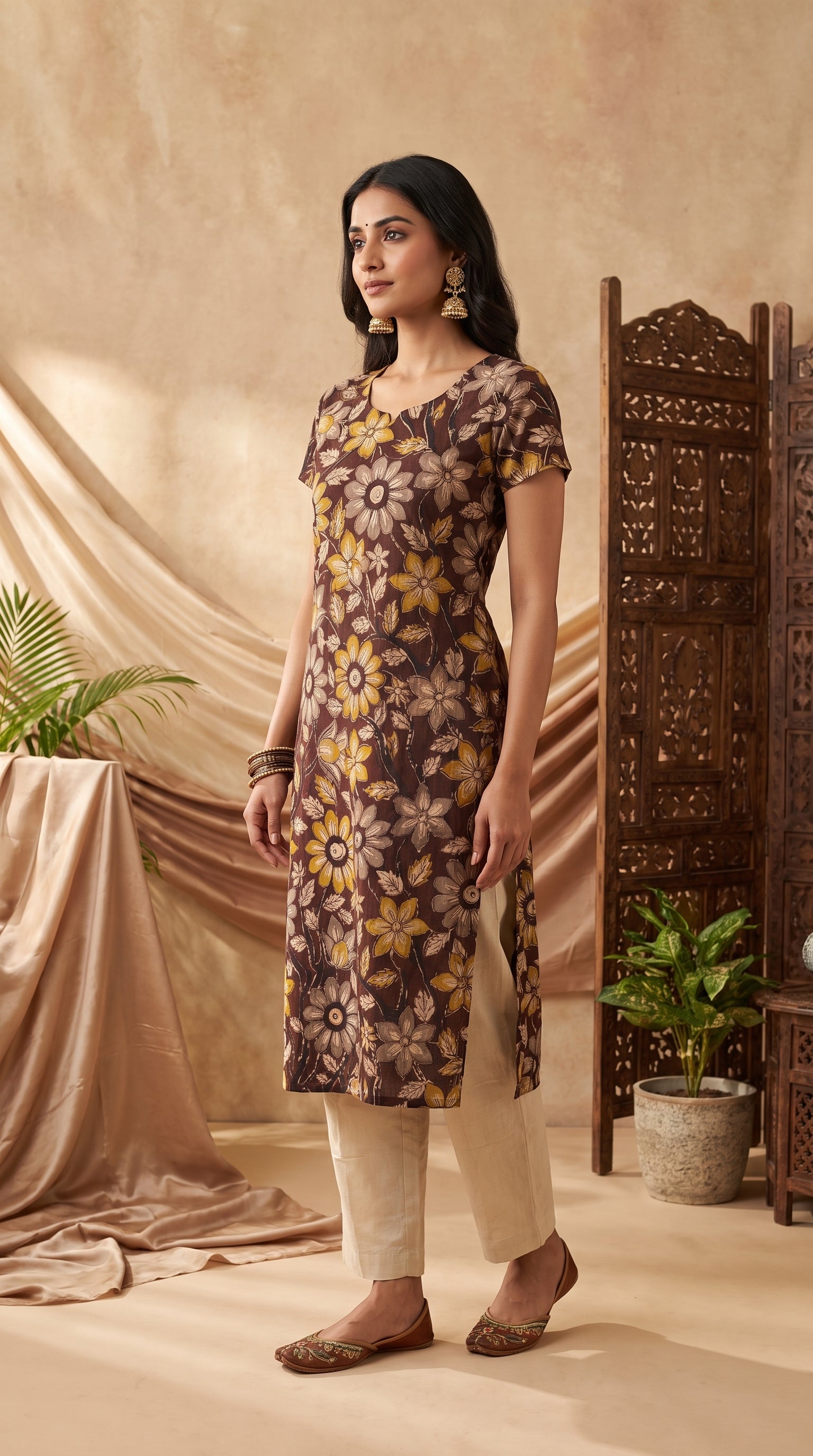Paneri Embroidery Cocoa Bloom Floral Straight Kurti