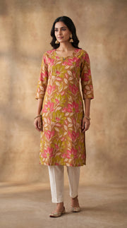 Paneri Embroidery  Mustard Floral Bloom Straight Kurti