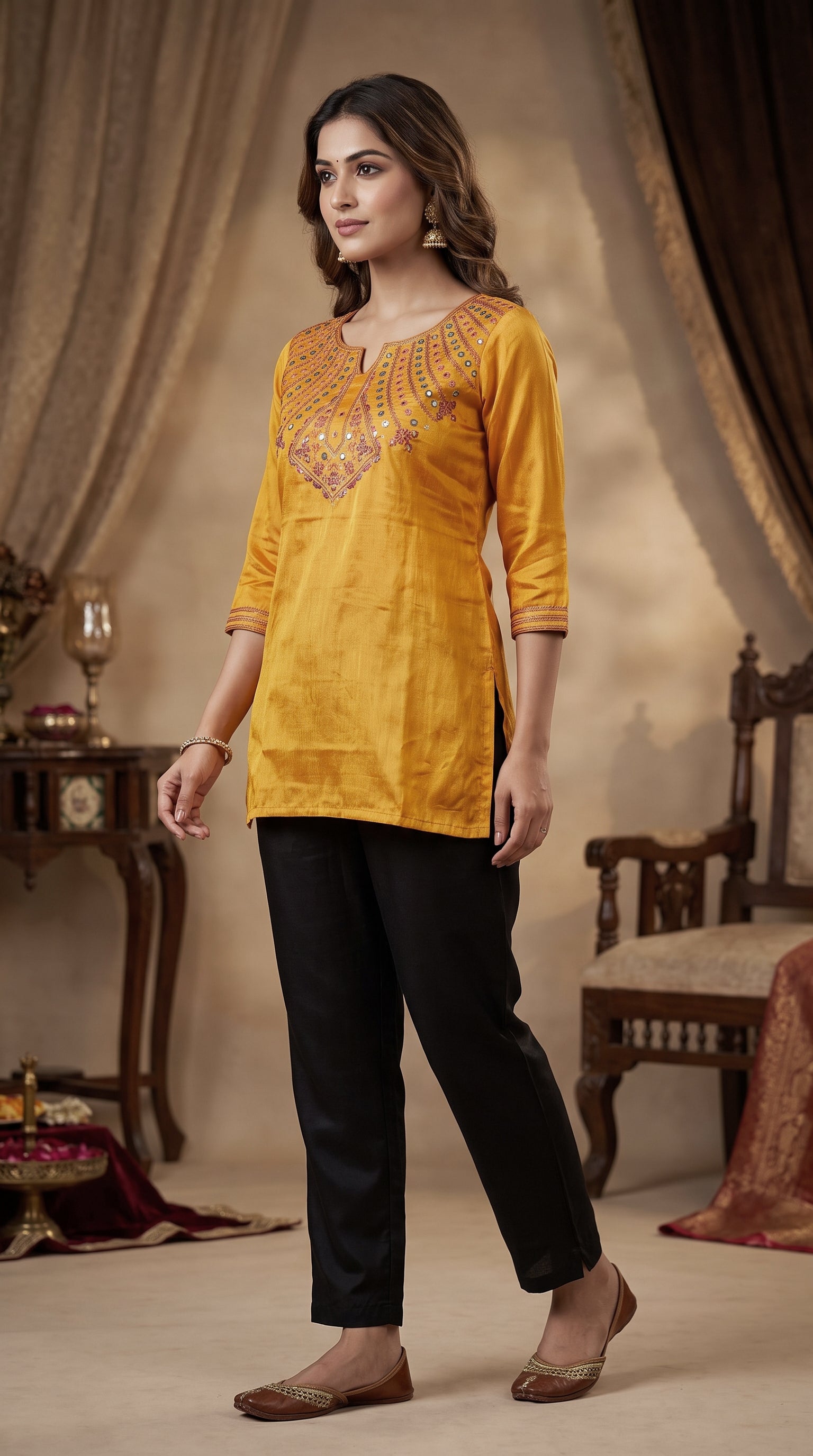 Paneri Embroidery Mustard Gold Embroidered Short Kurti for Women