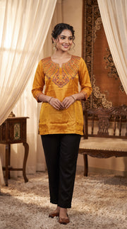 Paneri Embroidery Mustard Gold Embroidered Short Kurti for Women