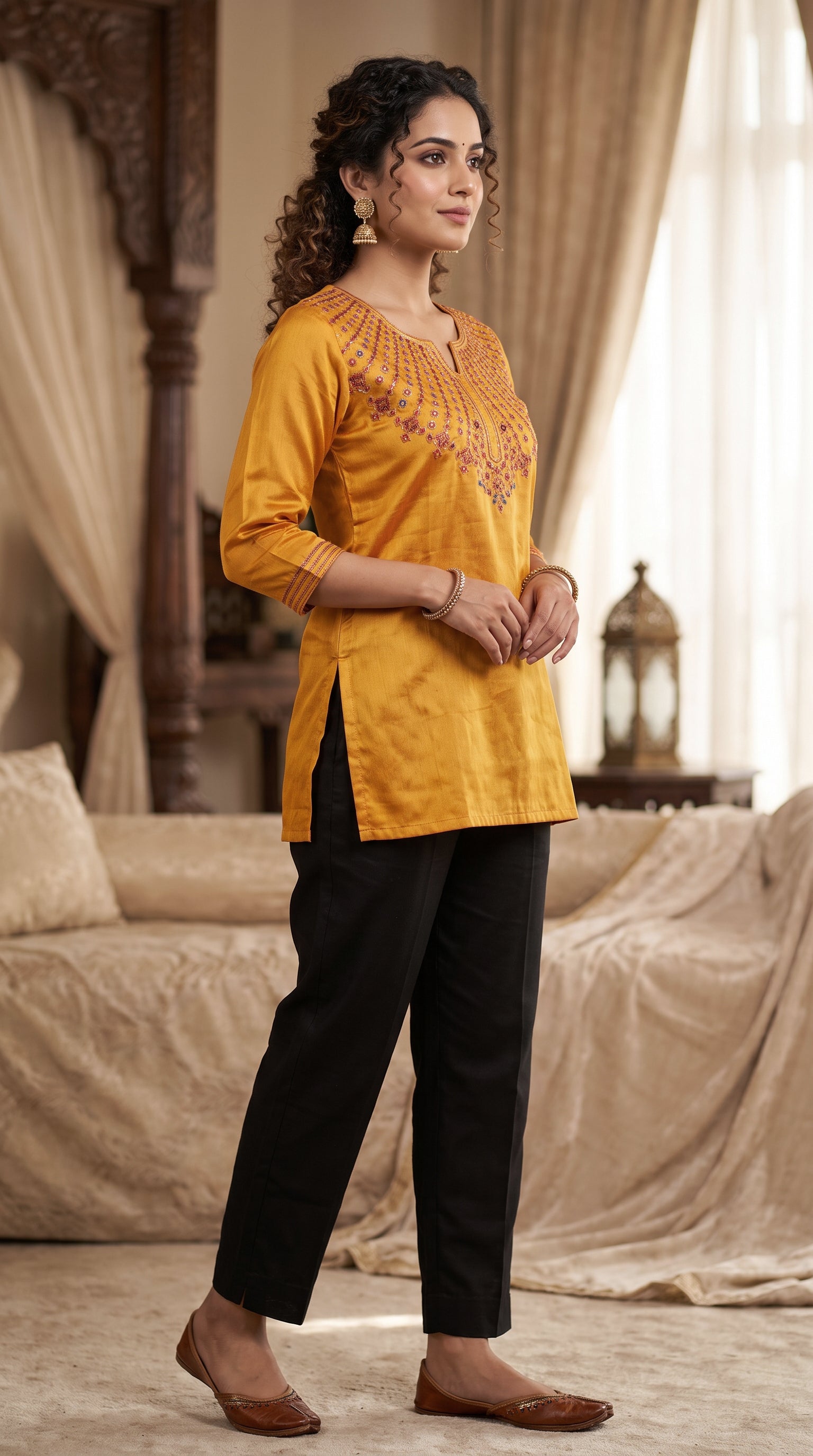 Paneri Embroidery Mustard Gold Embroidered Short Kurti for Women