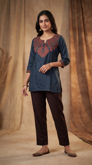 Paneri Embroidery – Slate Blue Silk Embroidered Short Kurti