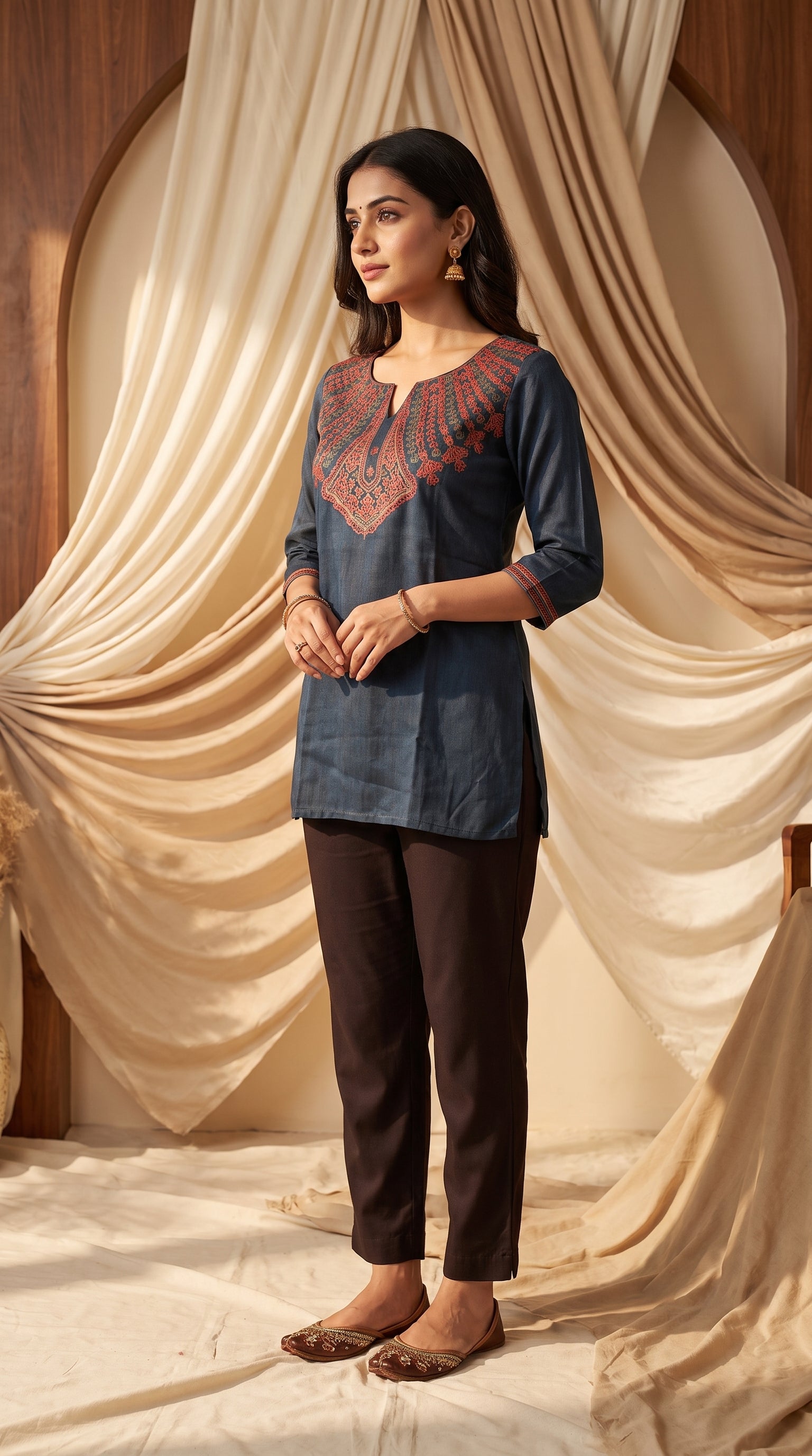 Paneri Embroidery – Slate Blue Silk Embroidered Short Kurti