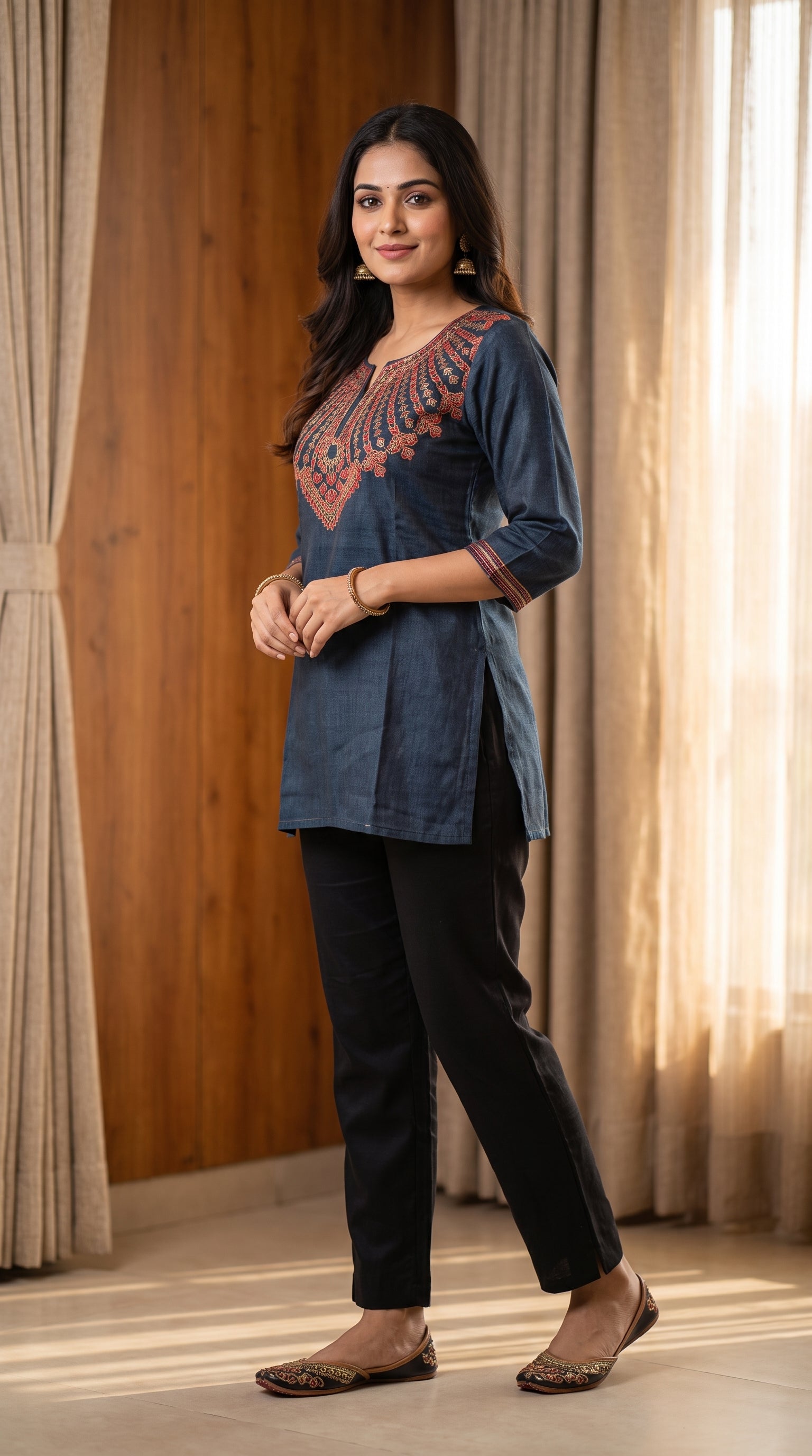 Paneri Embroidery – Slate Blue Silk Embroidered Short Kurti