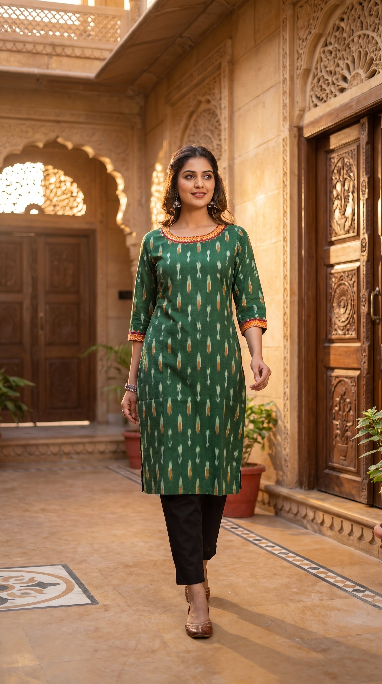 Paneri Embroidery Ikat Print Straight Kurti
