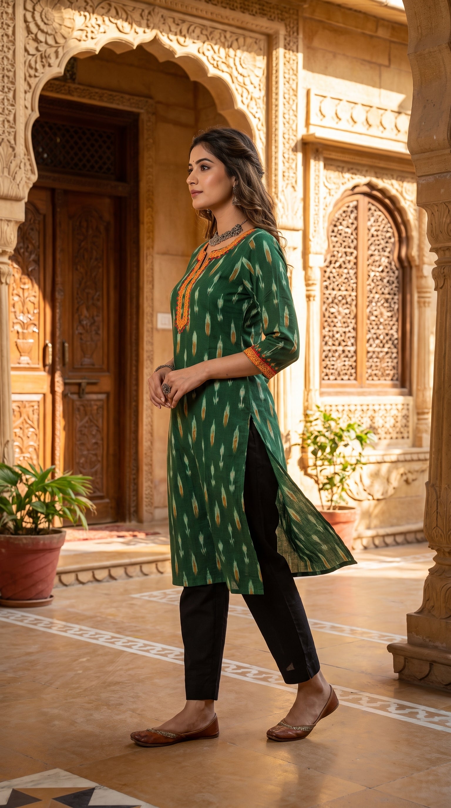 Paneri Embroidery Ikat Print Straight Kurti