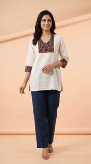 Paneri Embroidery Ajrakh Print Yoke Short Kurti