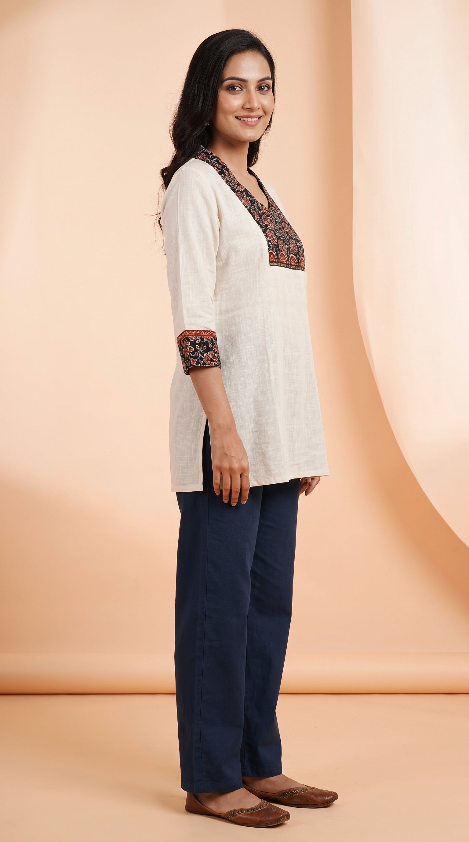 Paneri Embroidery Ajrakh Print Yoke Short Kurti
