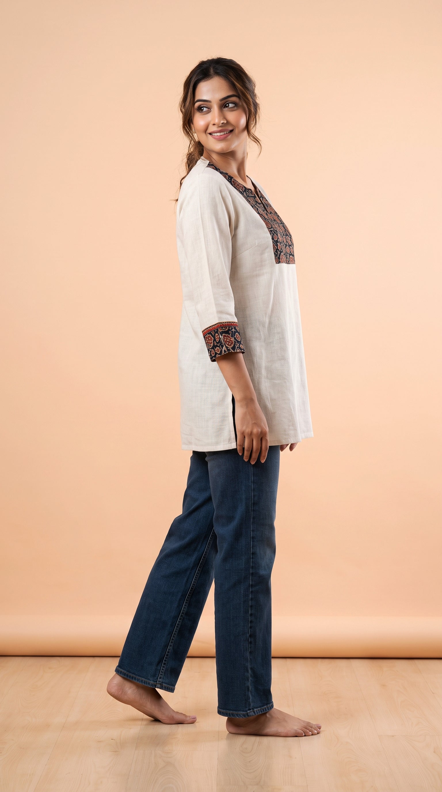 Paneri Embroidery Ajrakh Print Yoke Short Kurti