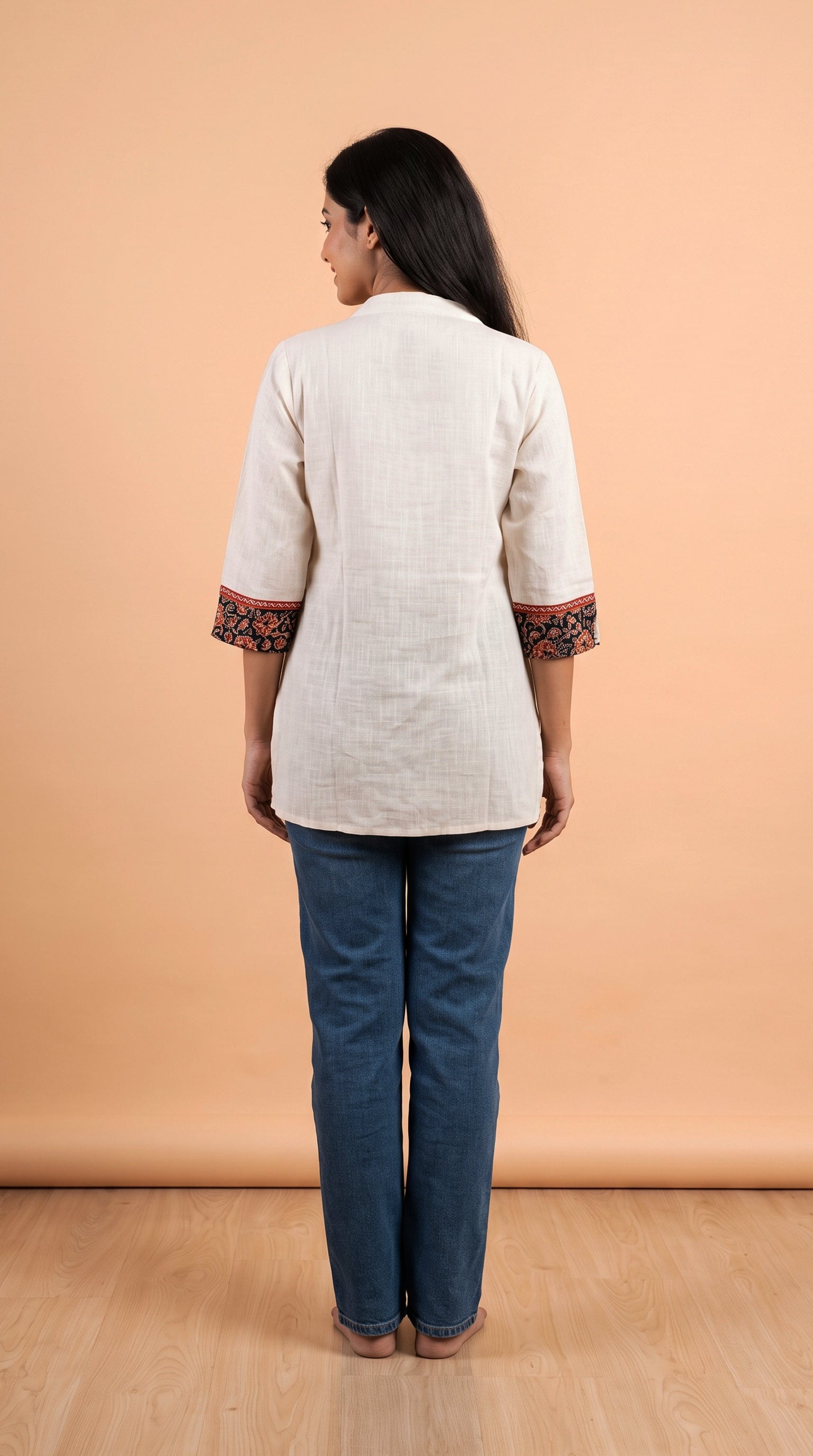 Paneri Embroidery Ajrakh Print Yoke Short Kurti