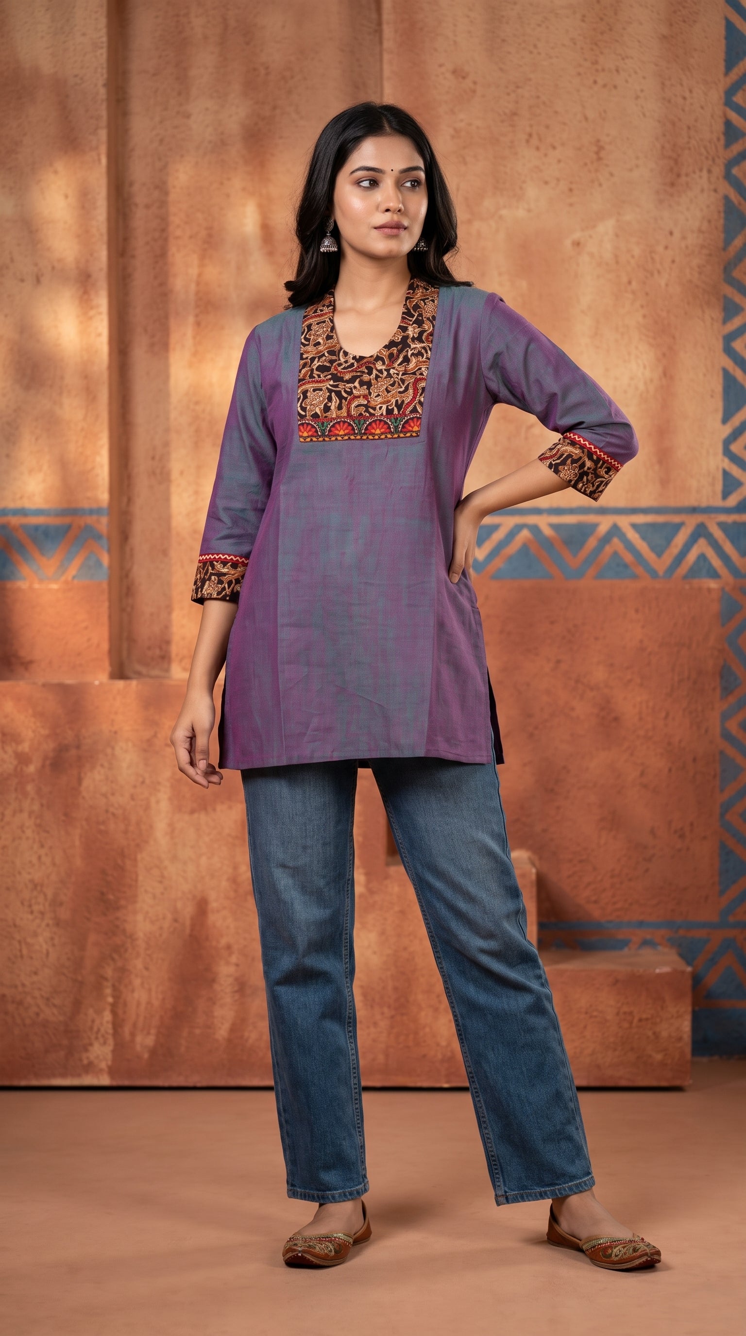 Paneri Embroidery Ajrakh Print Yoke Short Kurti