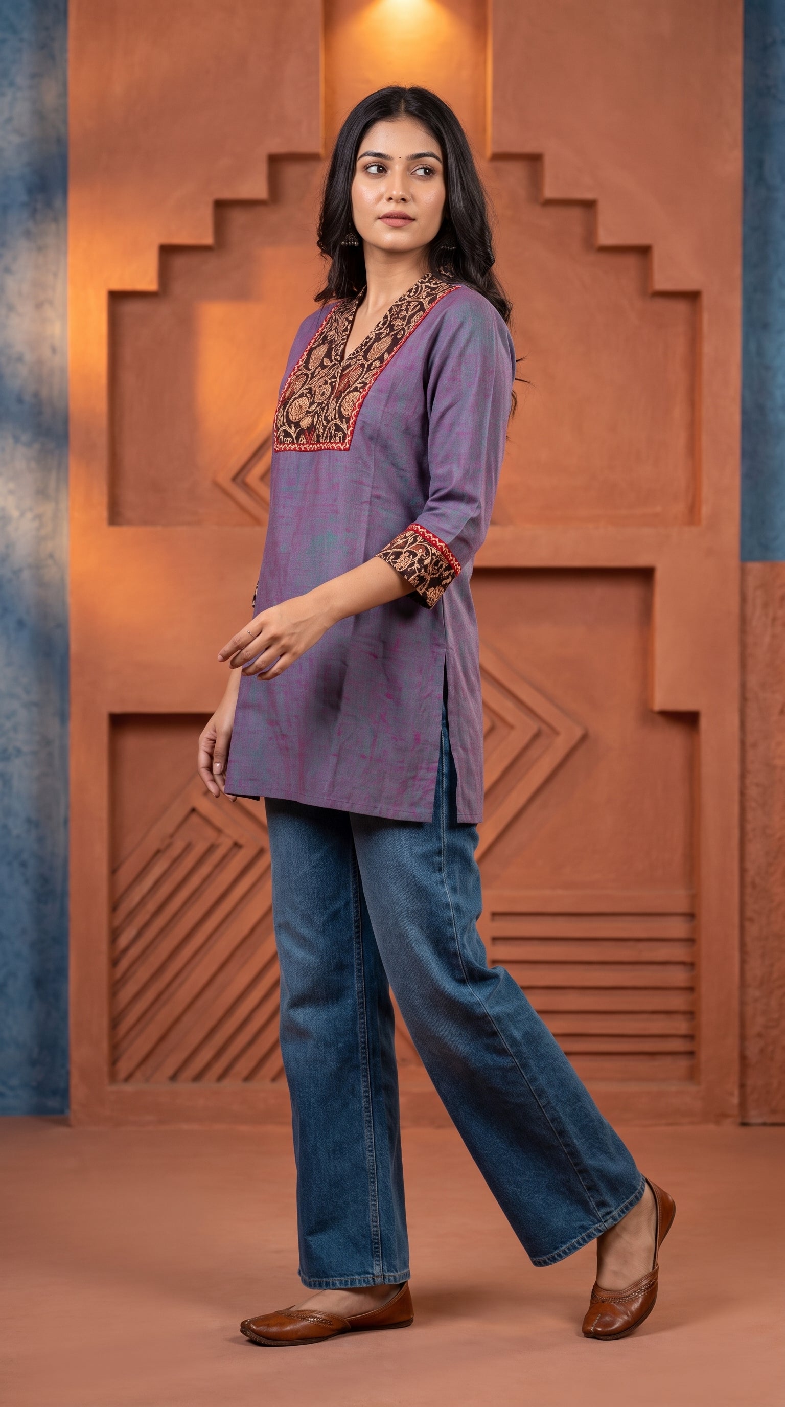 Paneri Embroidery Ajrakh Print Yoke Short Kurti