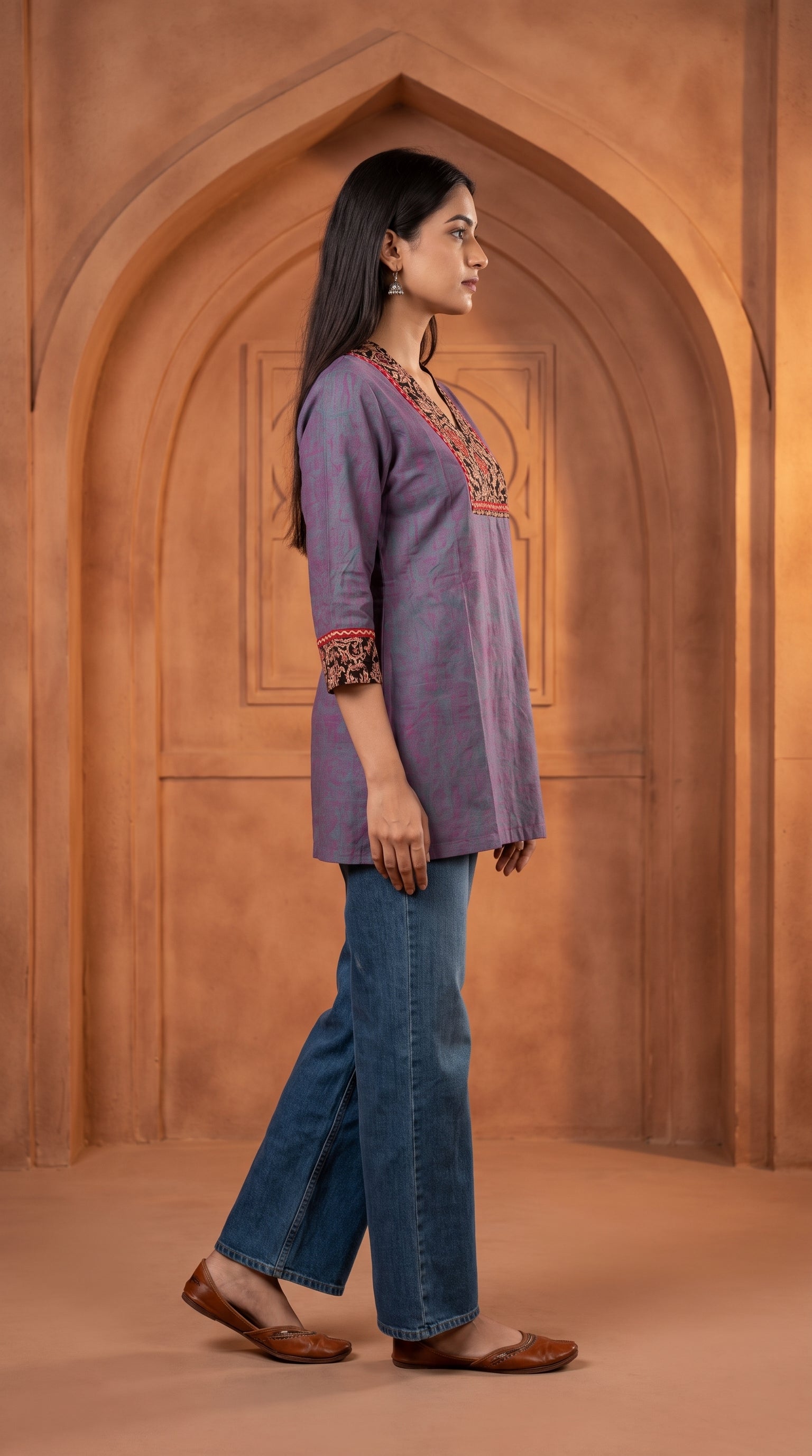 Paneri Embroidery Ajrakh Print Yoke Short Kurti