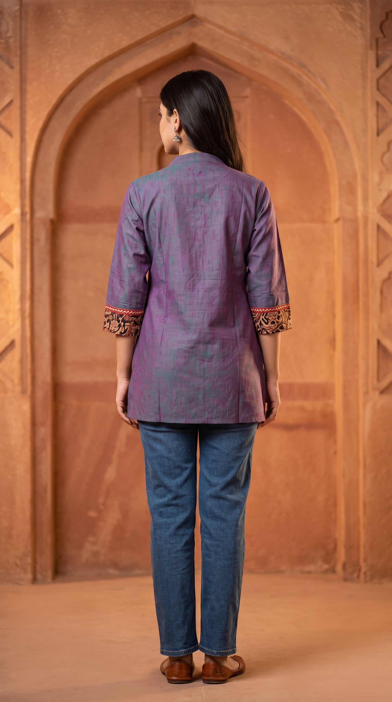 Paneri Embroidery Ajrakh Print Yoke Short Kurti