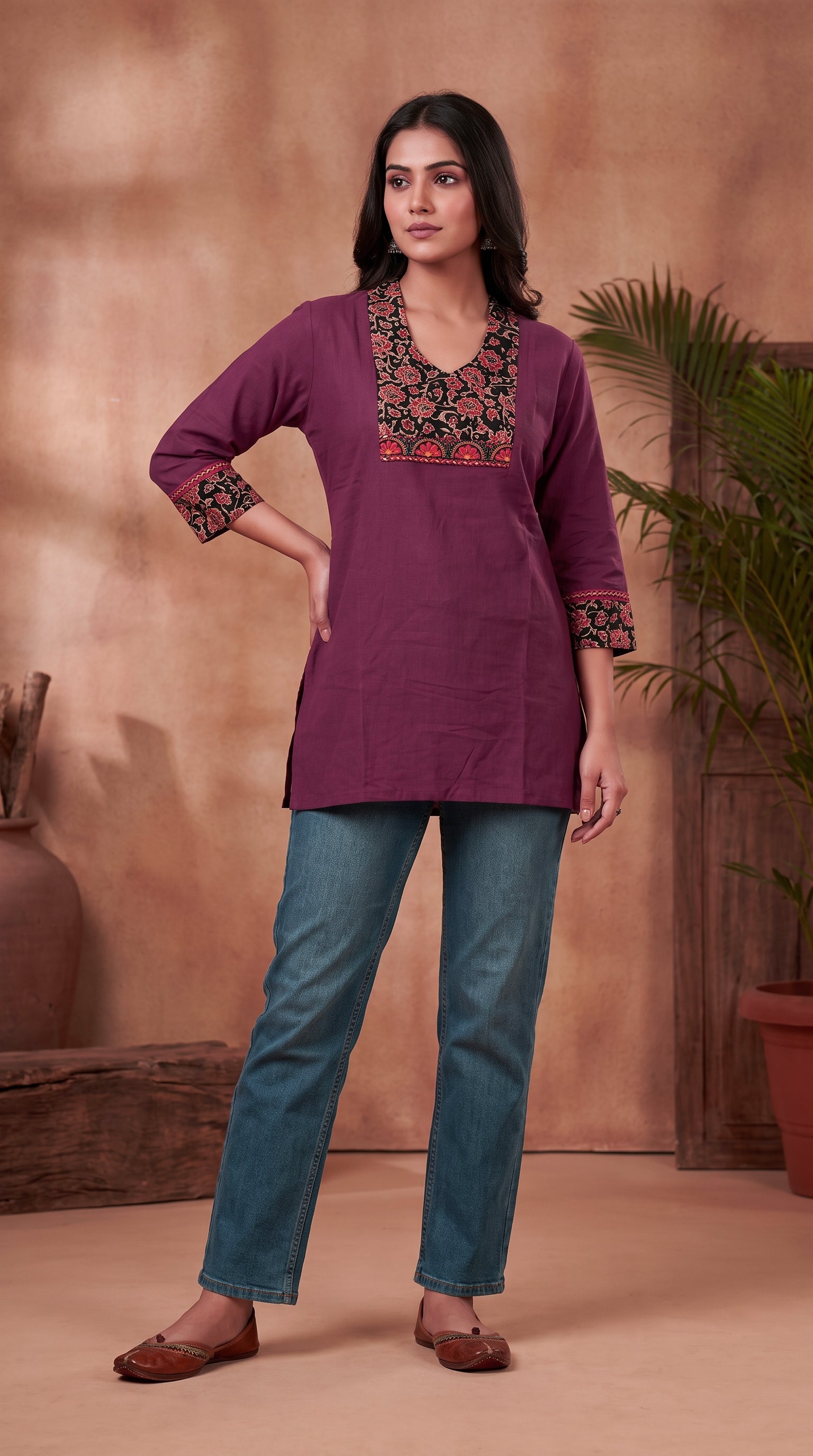 Paneri Embroidery Ajrakh Print Yoke Short Kurti