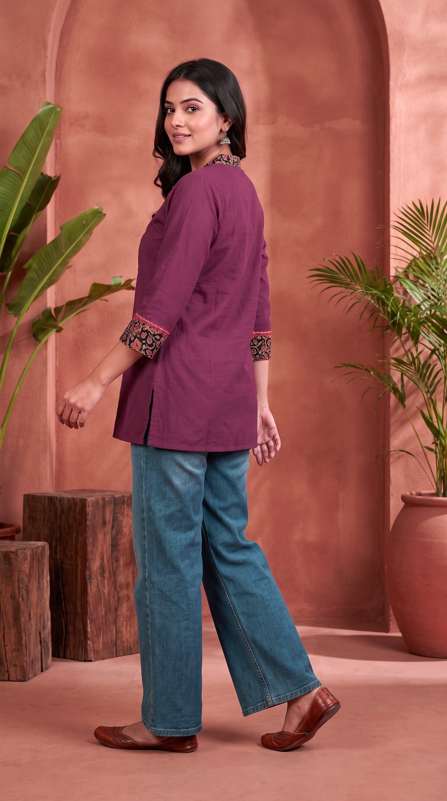 Paneri Embroidery Ajrakh Print Yoke Short Kurti