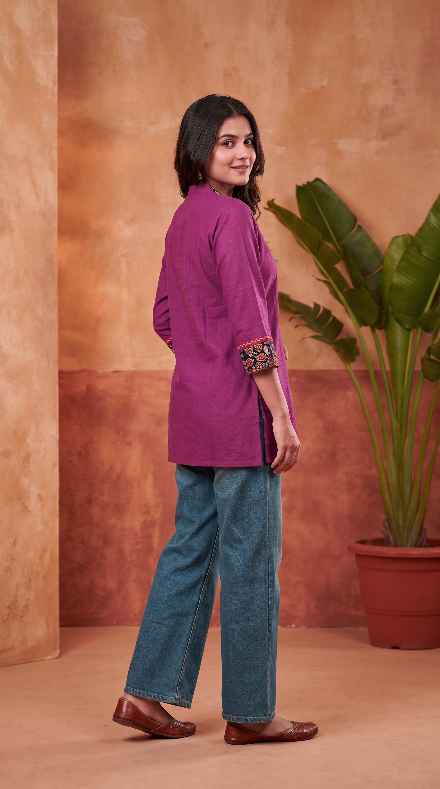Paneri Embroidery Ajrakh Print Yoke Short Kurti