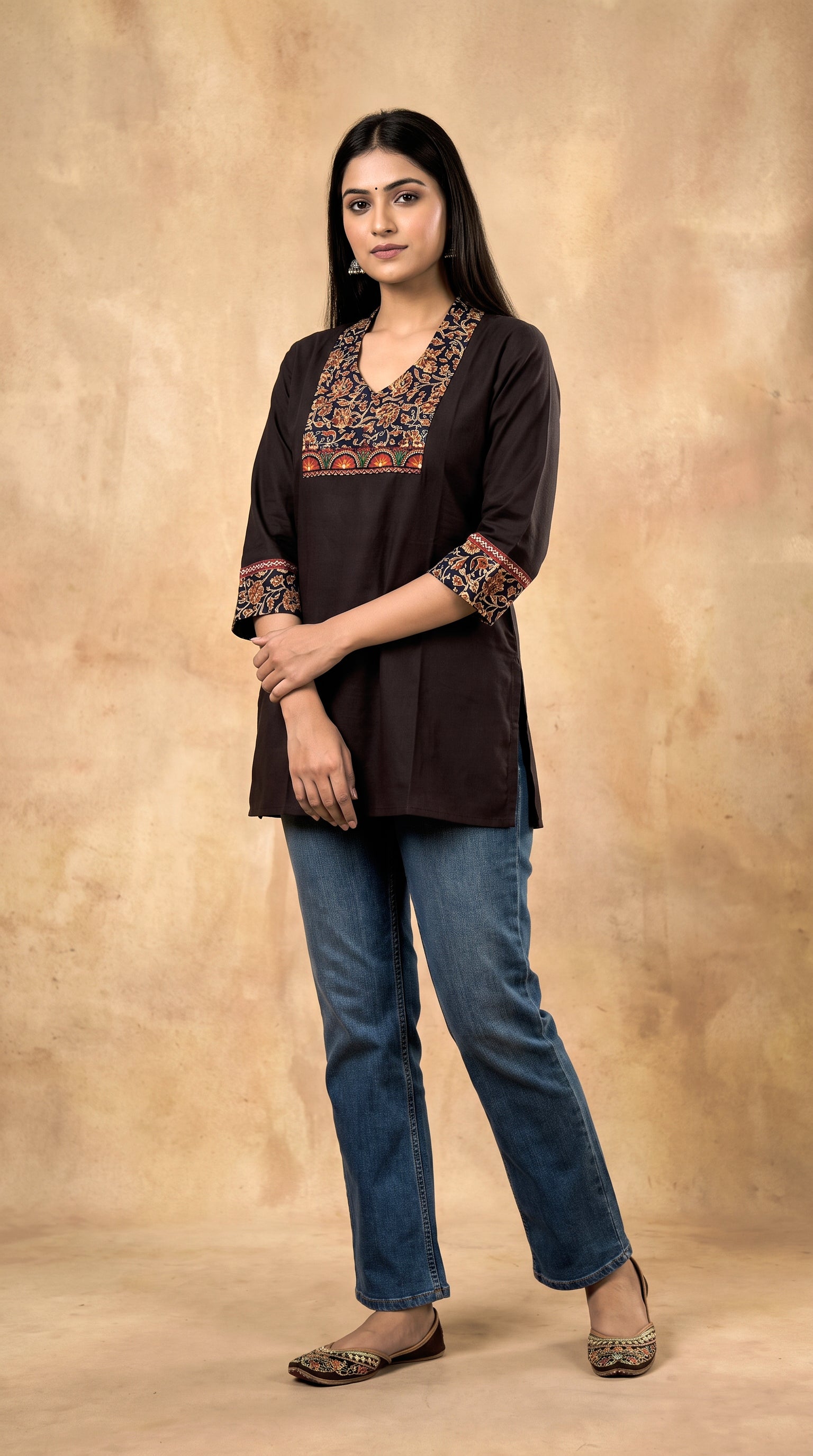 Paneri Embroidery Ajrakh Print Yoke Short Kurti