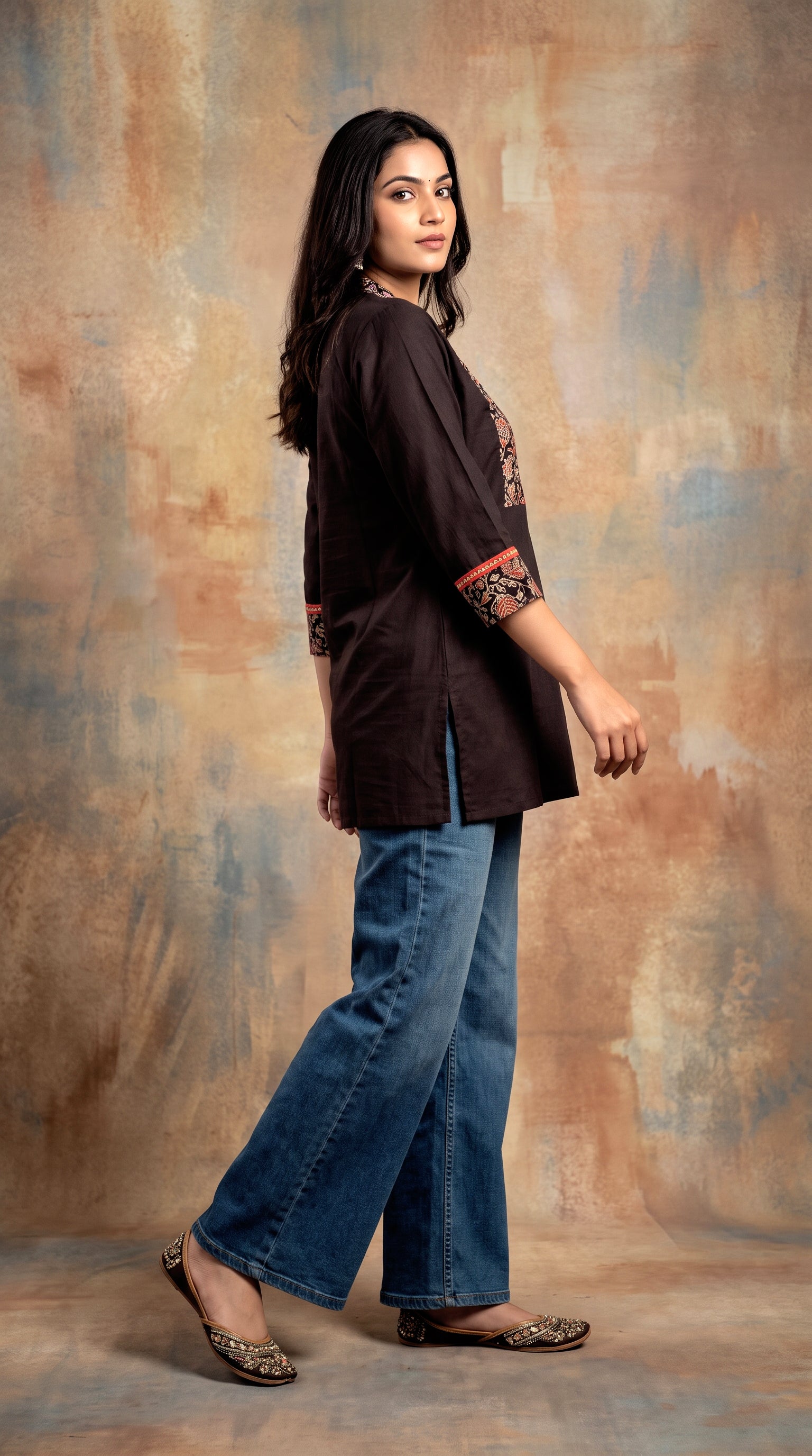 Paneri Embroidery Ajrakh Print Yoke Short Kurti