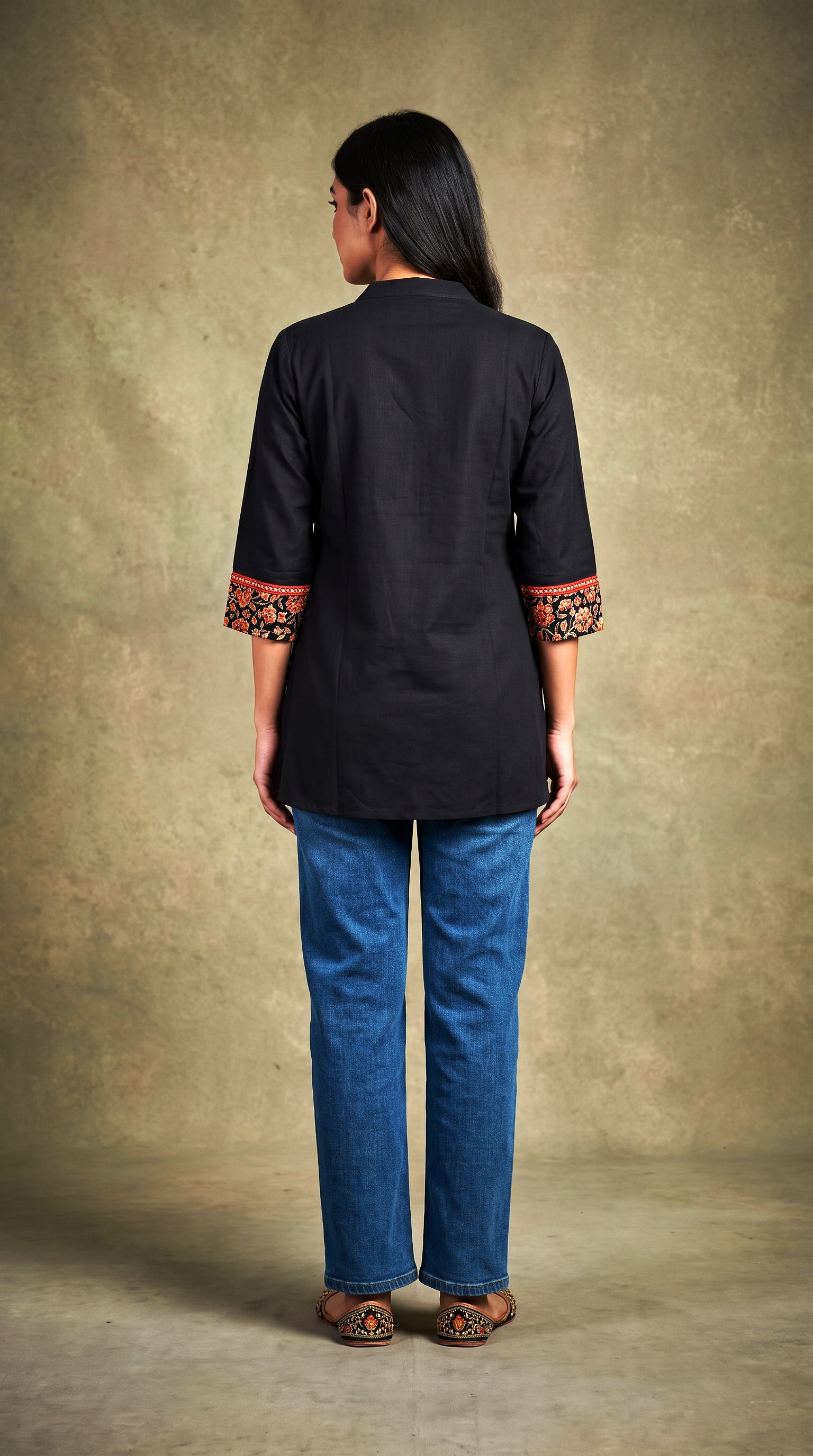 Paneri Embroidery Ajrakh Print Yoke Short Kurti