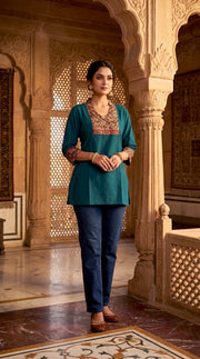 Paneri Embroidery Ajrakh Print Yoke Short Kurti
