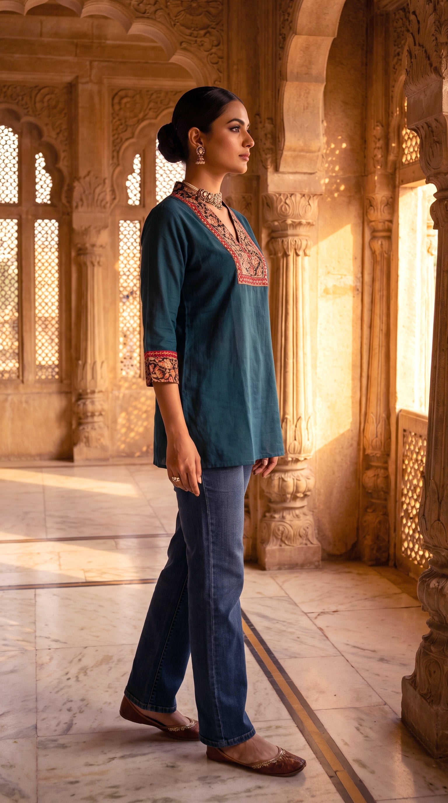 Paneri Embroidery Ajrakh Print Yoke Short Kurti