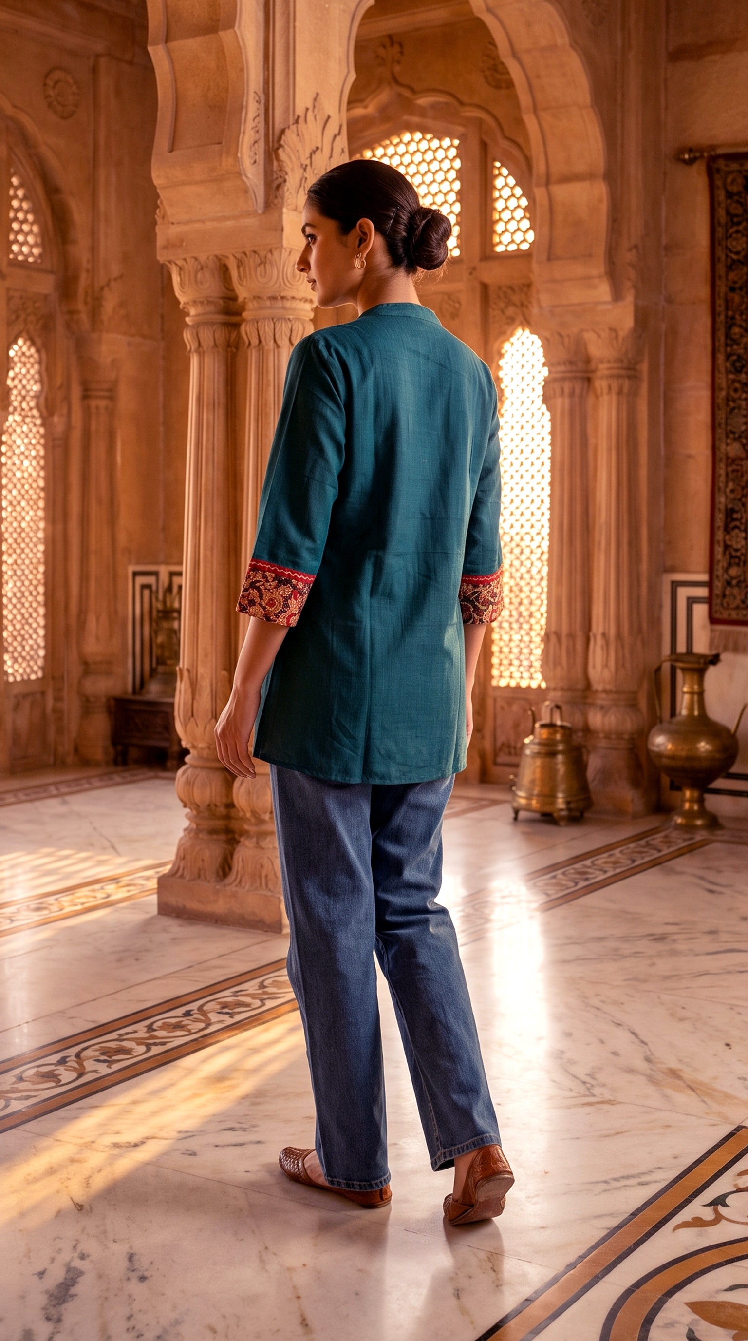 Paneri Embroidery Ajrakh Print Yoke Short Kurti