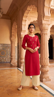 PANERI EMBROIDERY Red Gold Embroidered Straight Sillk Kurti