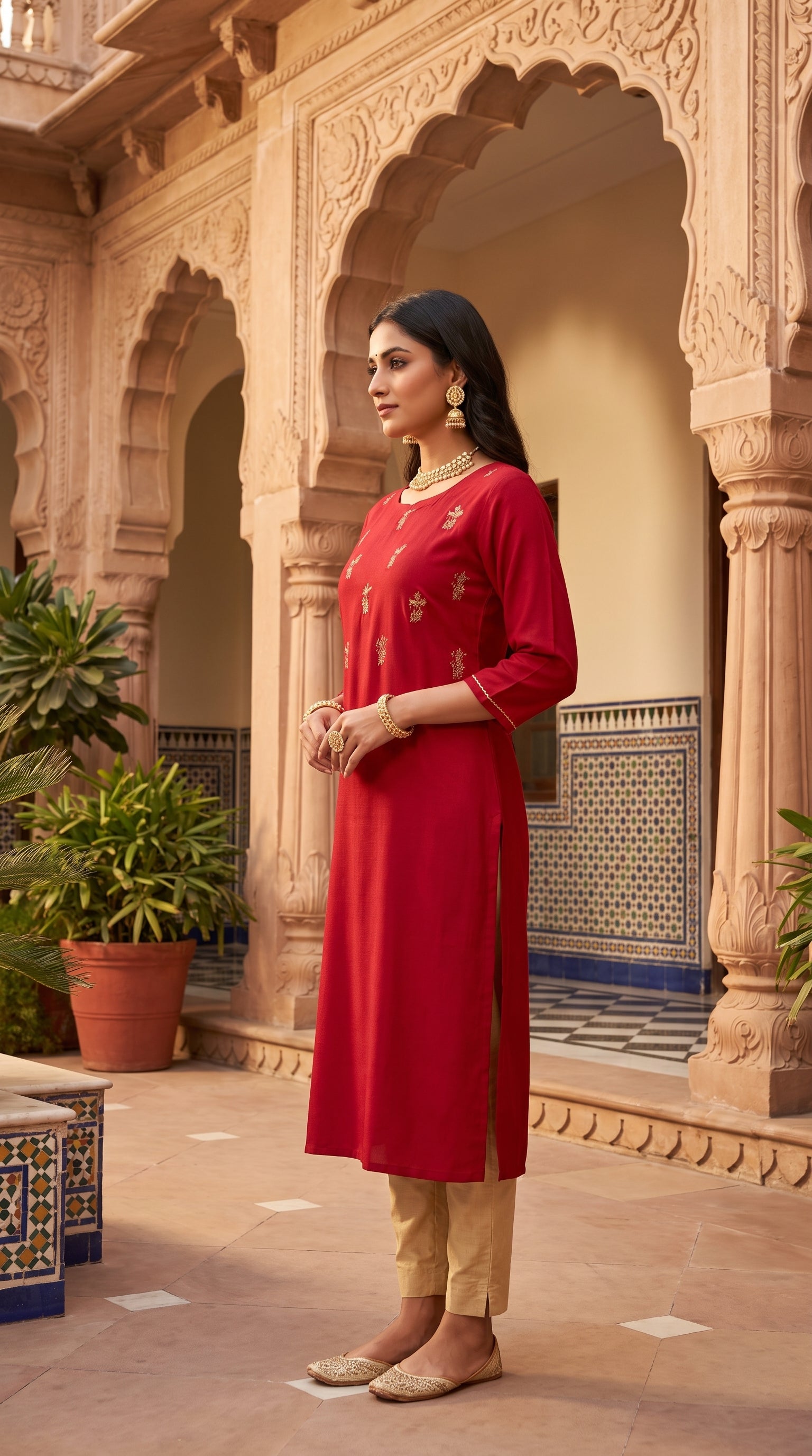 PANERI EMBROIDERY Red Gold Embroidered Straight Sillk Kurti